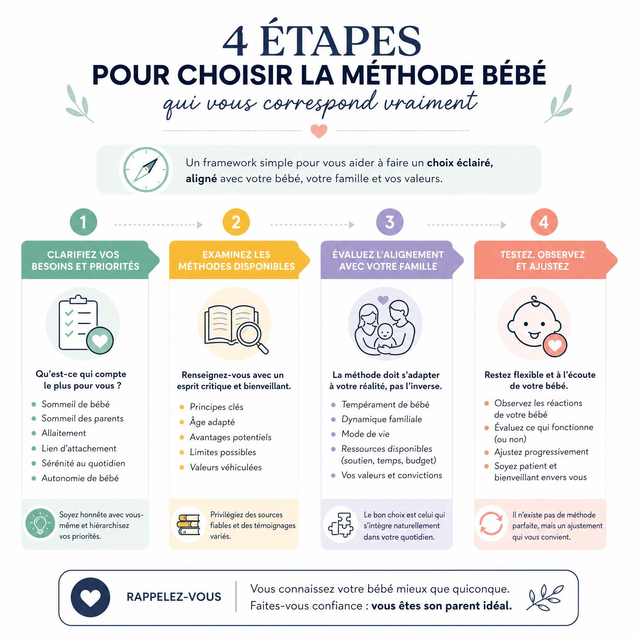 Infographie framework de décision parentale avec 4 étapes pour choisir entre méthodes bébé