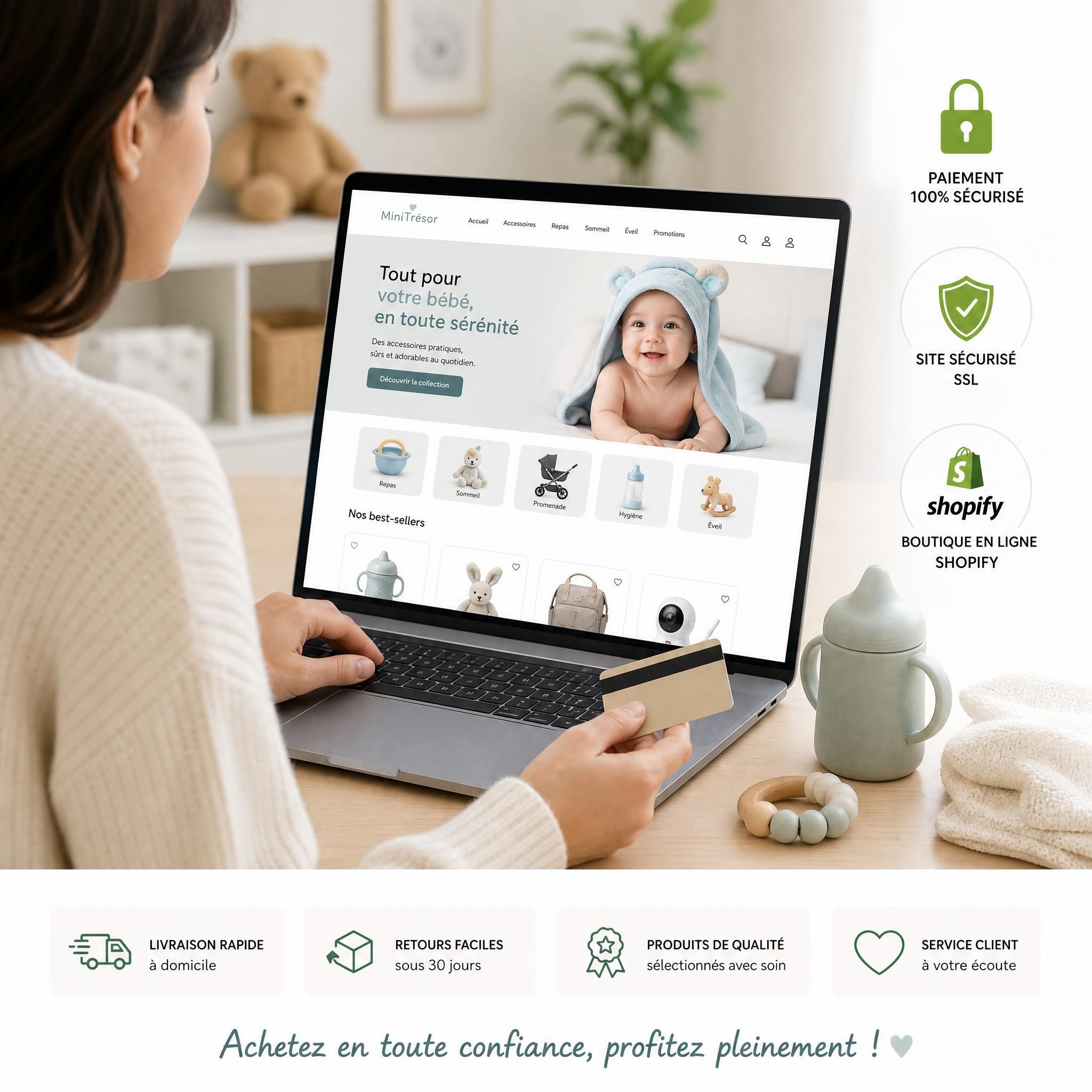 Parent achetant des accessoires bébé en ligne sur un site e-commerce Shopify sécurisé, vente en ligne puériculture