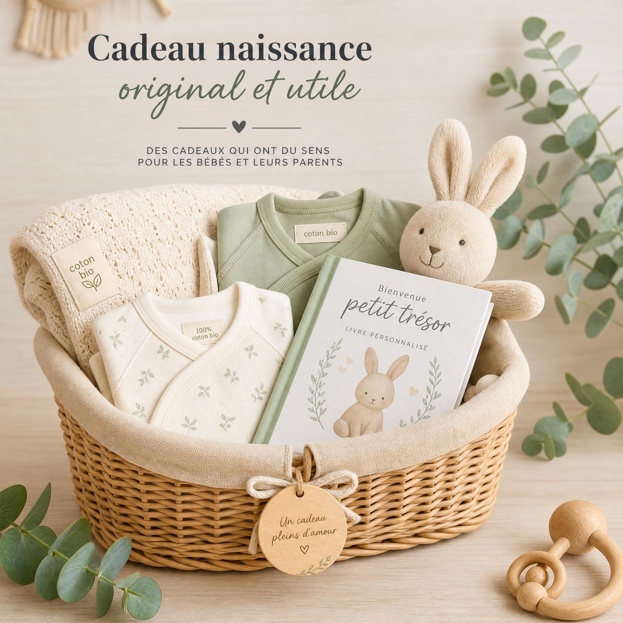 Cadeau naissance original et utile — panier en osier garni de vêtements bébé en coton bio, couverture douce et livre personnalisé sur fond de bois clair
