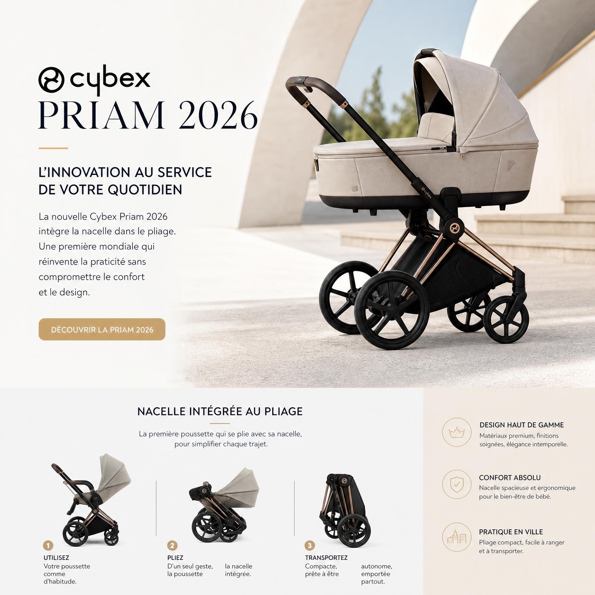 Poussette Cybex Priam 2026 avec nacelle intégrée au pliage, innovation puériculture haut de gamme