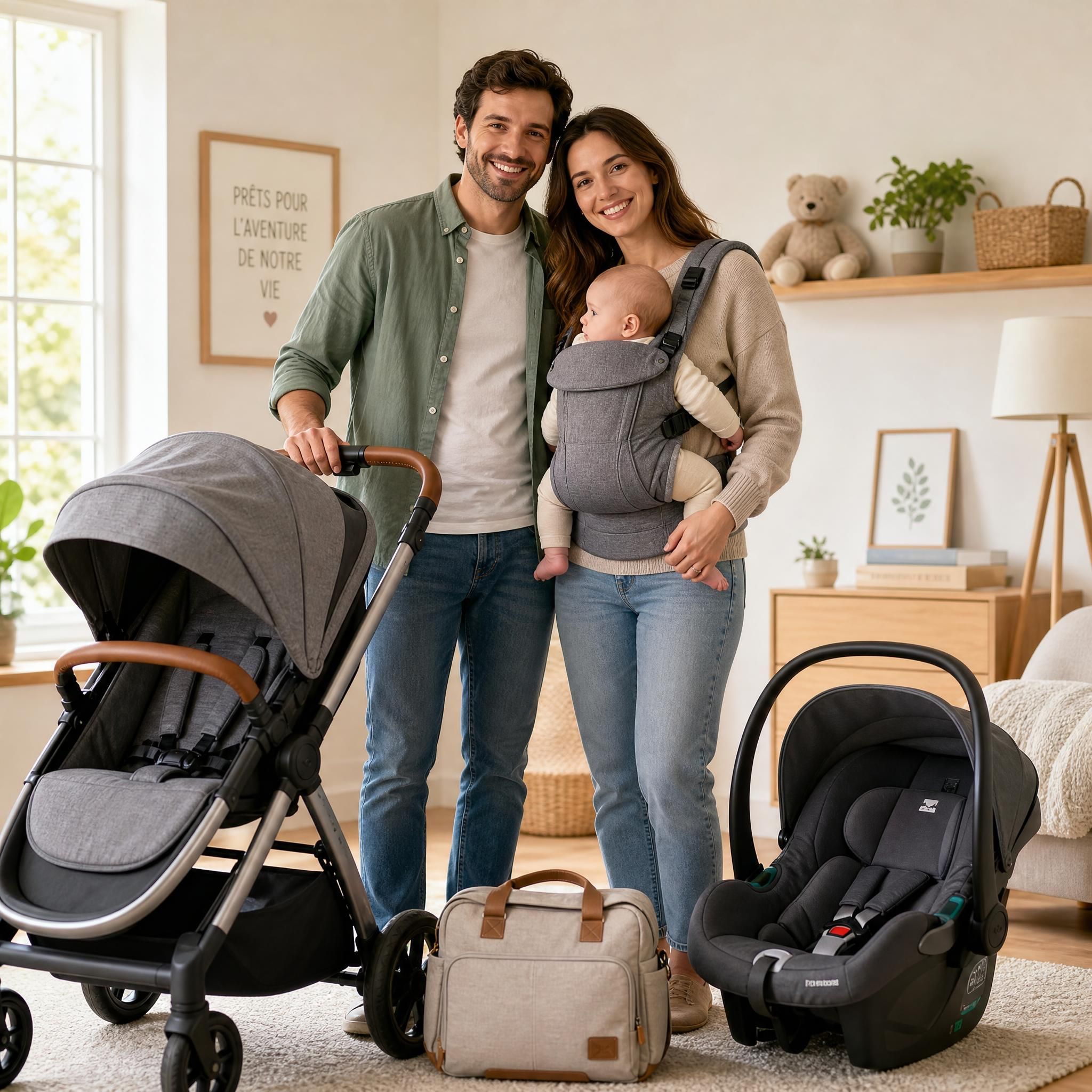Jeunes parents souriants entourés d'équipements bébé bien choisis — poussette, siège auto, porte-bébé — dans un intérieur chaleureux et lumineux