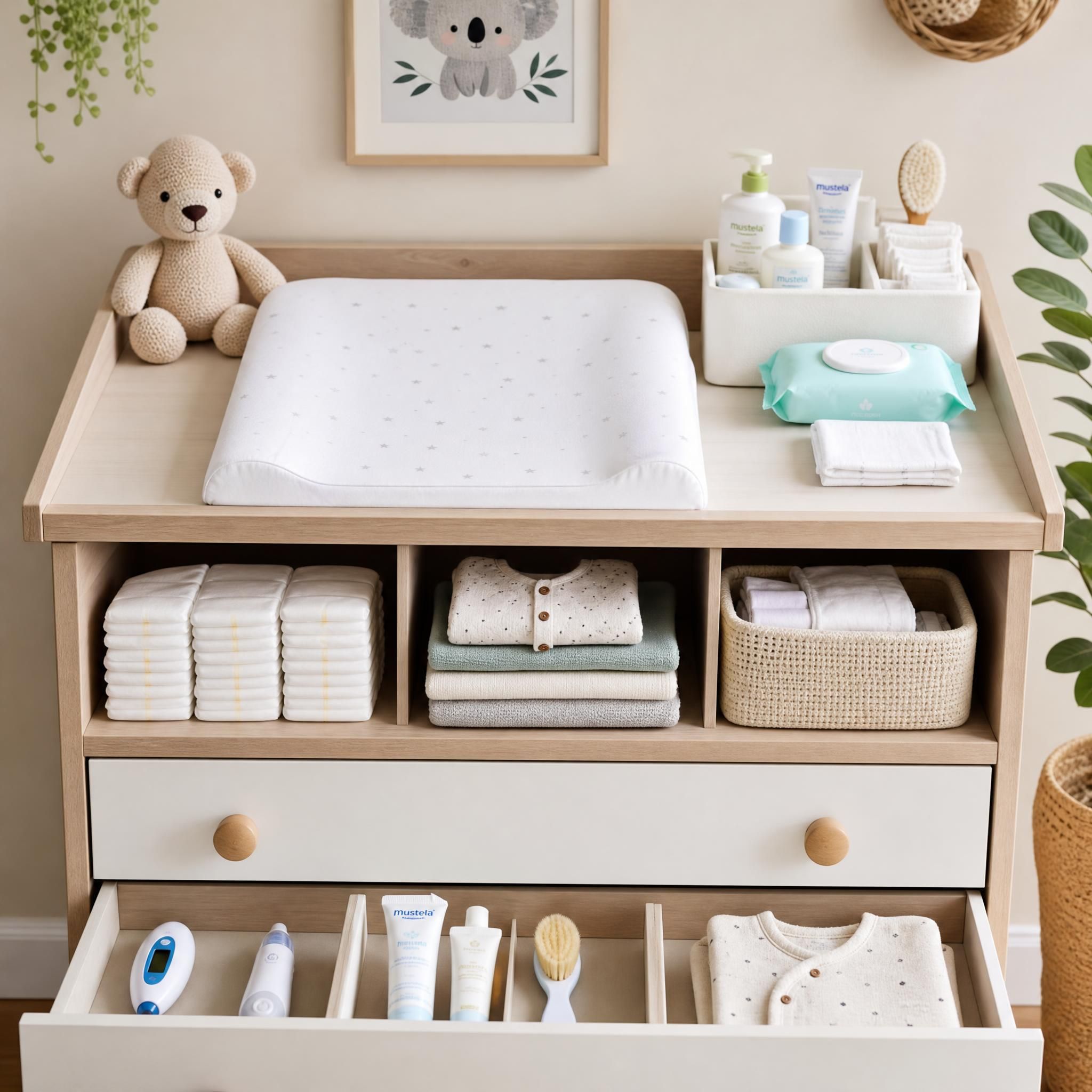 Table à langer organisée avec les accessoires bébé essentiels — couches, lingettes, thermomètre, crème, vêtements pliés