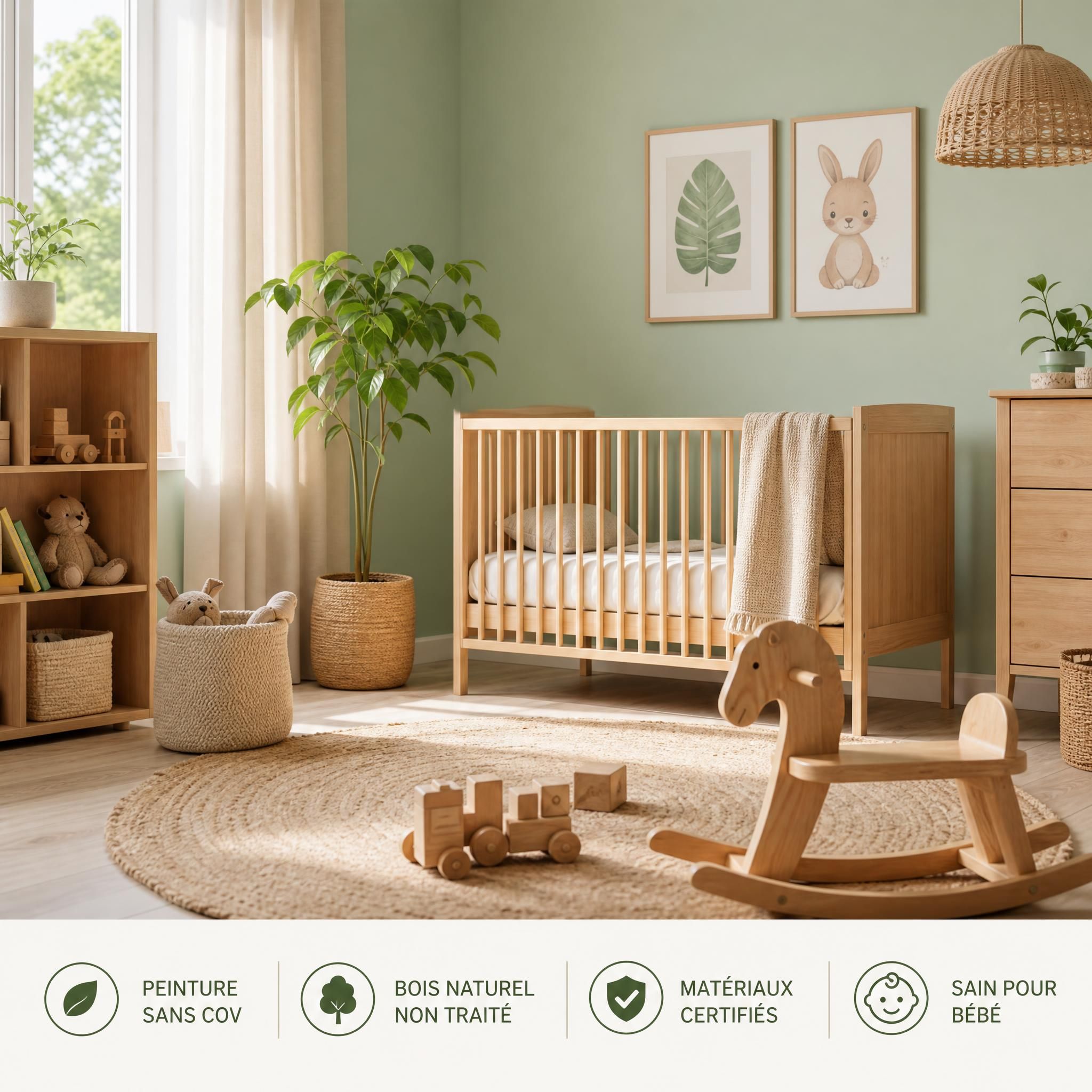 Chambre bébé saine et naturelle avec matériaux certifiés, peinture sans COV et jouets en bois non traités