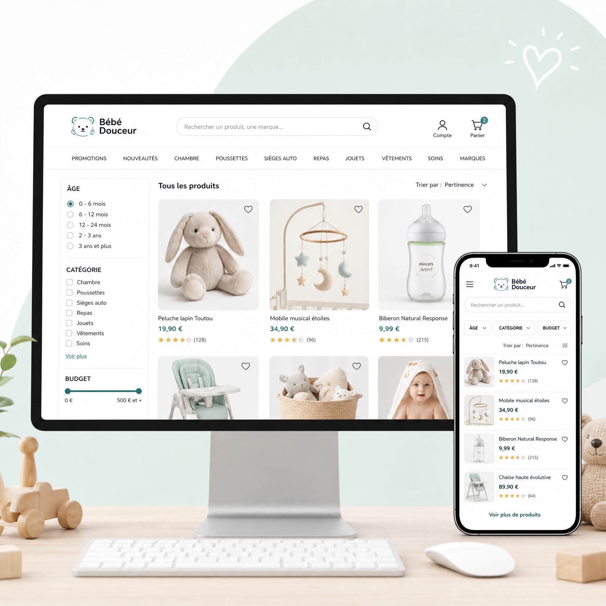 Interface d'un site e-commerce spécialisé bébé avec filtres par âge, catégorie et budget, sur un écran d'ordinateur et mobile