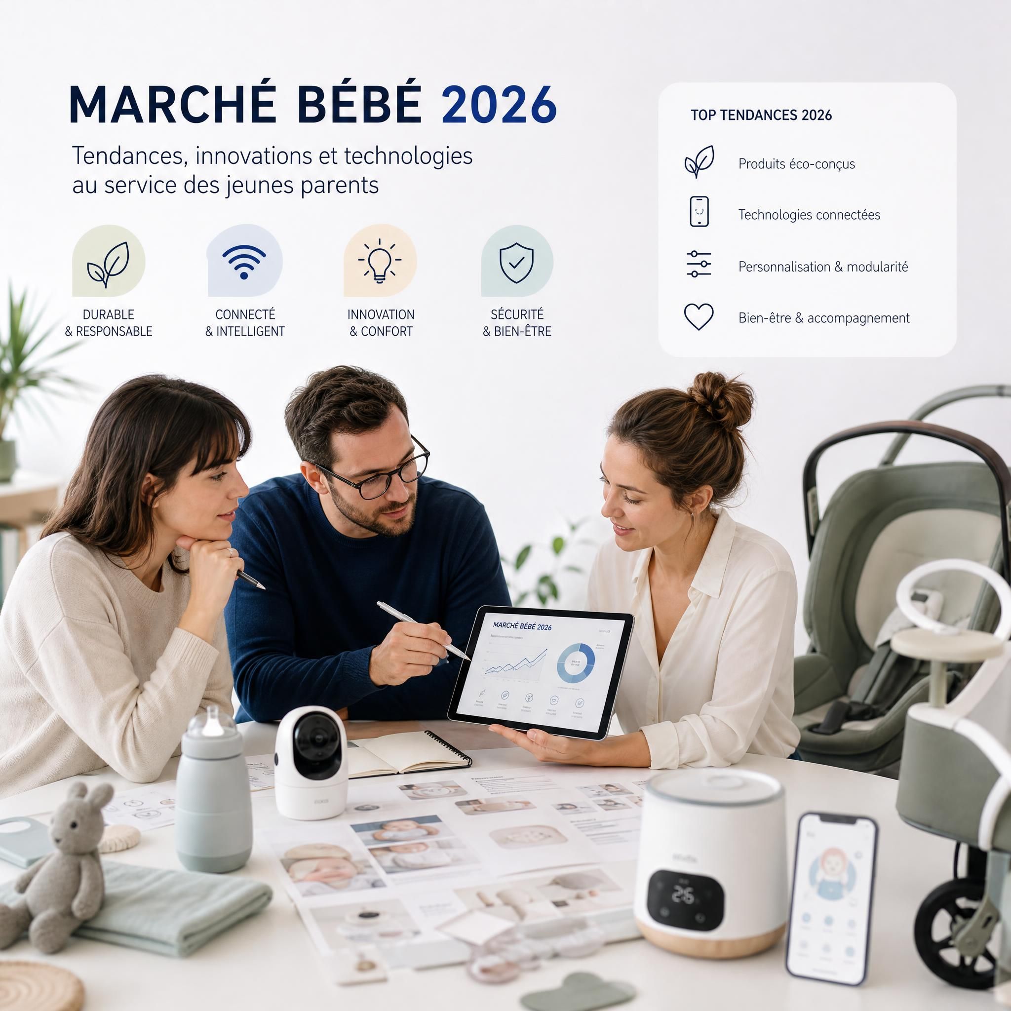 Experts en puériculture analysant les tendances du marché bébé 2026, innovations et technologies pour jeunes parents
