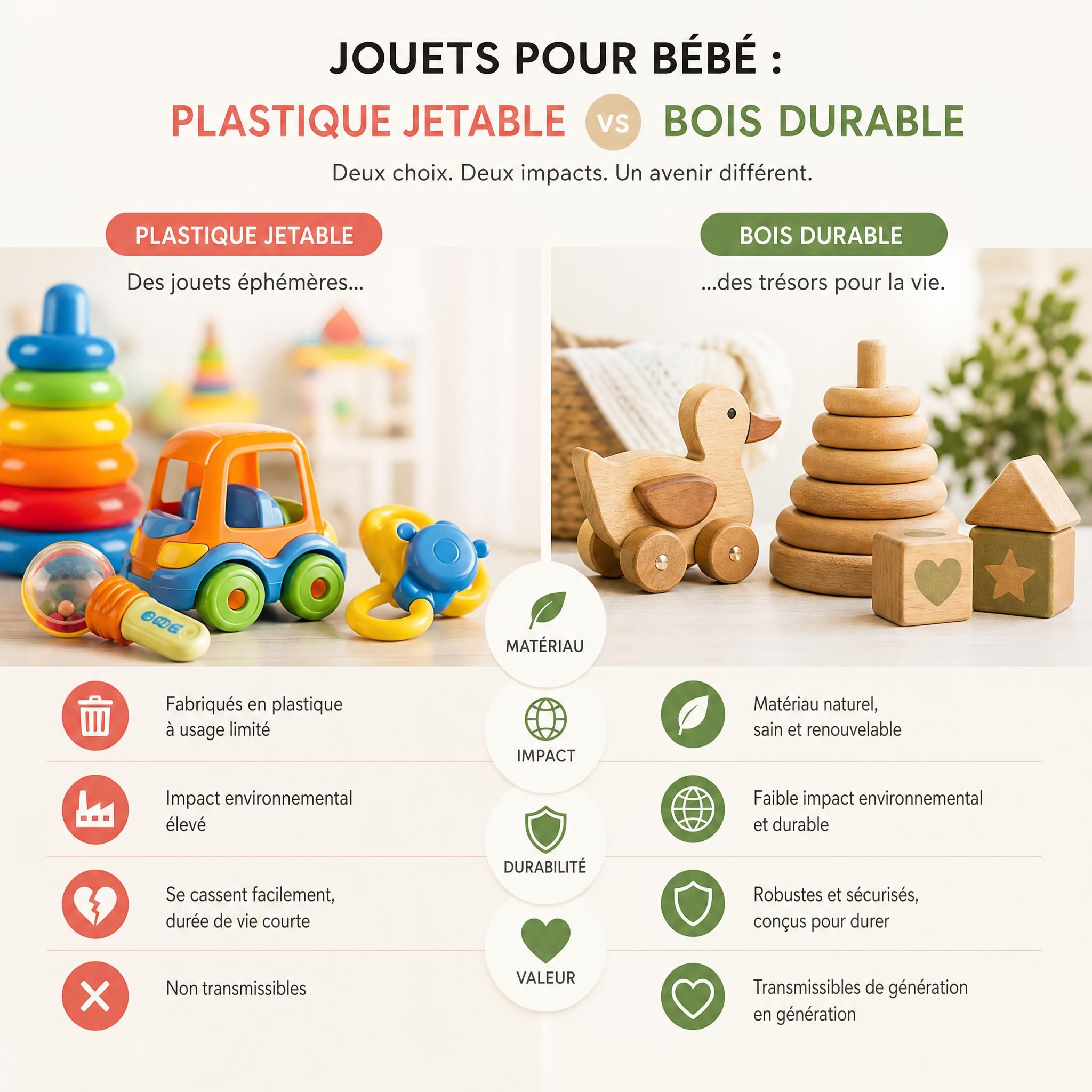 Comparaison jouets bébé en plastique jetable versus jouets en bois durables transmissibles de génération en génération