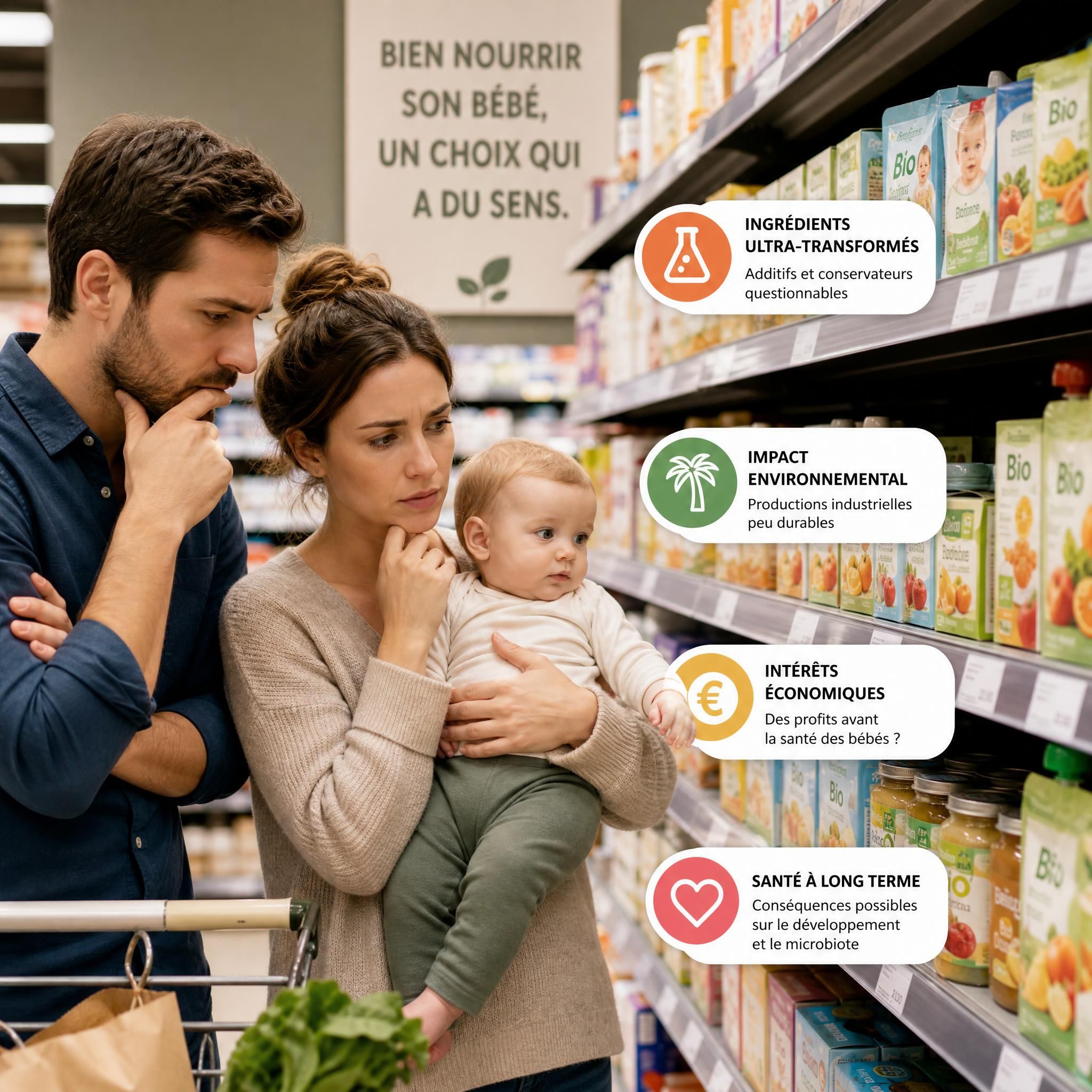 Parents inquiets face aux rayons d'aliments industriels pour bébé en supermarché, symbolisant les enjeux éthiques de l'alimentation infantile