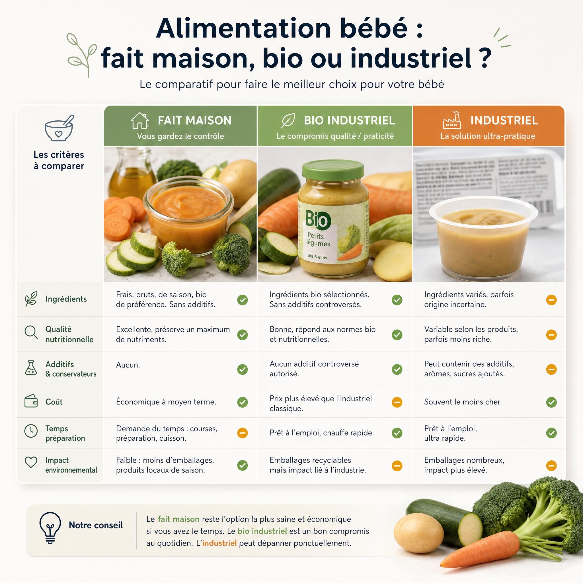 Tableau comparatif alimentation bébé fait maison bio industriel avec ingrédients visibles