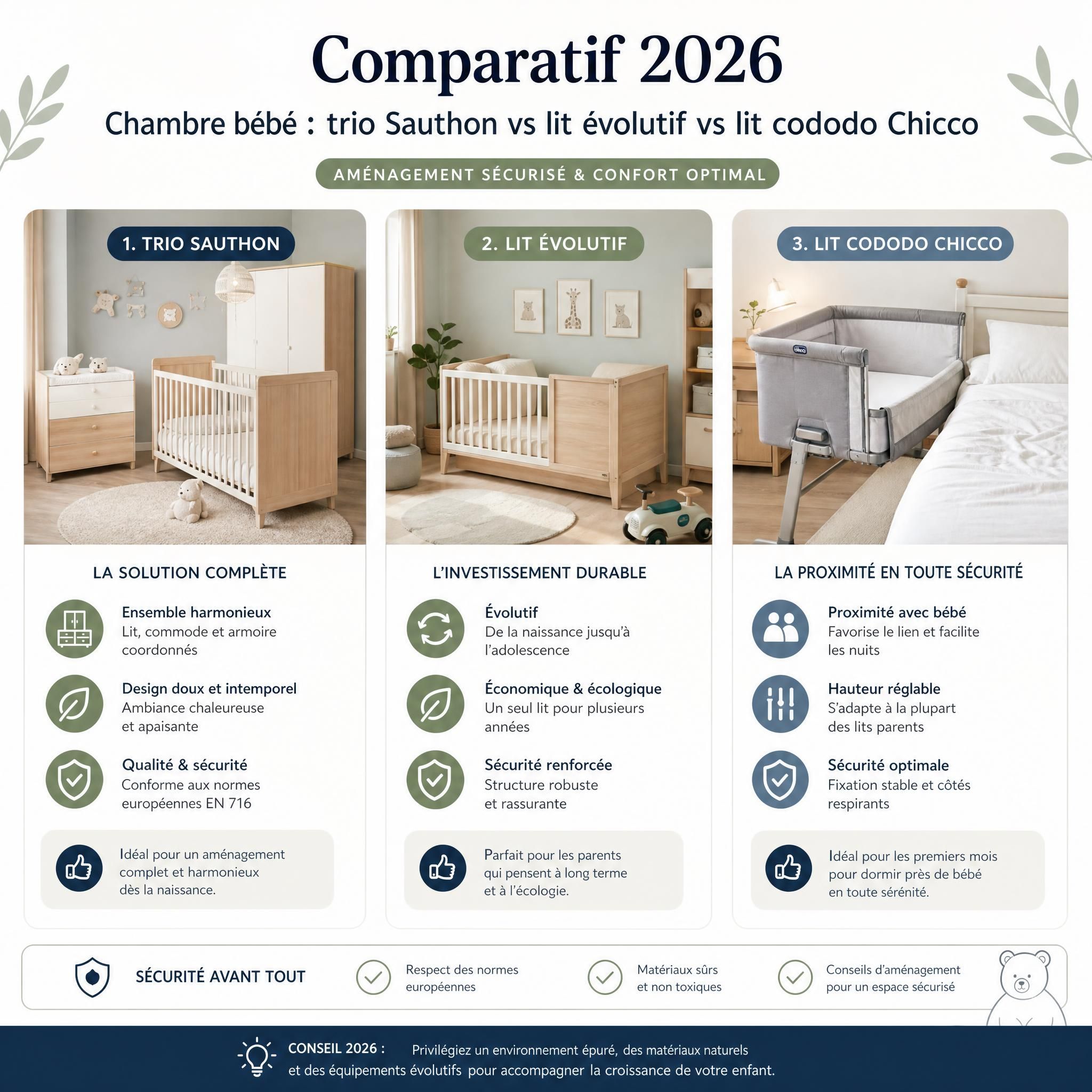 Comparatif chambre bébé trio Sauthon vs lit évolutif vs lit cododo Chicco, aménagement sécurisé 2026