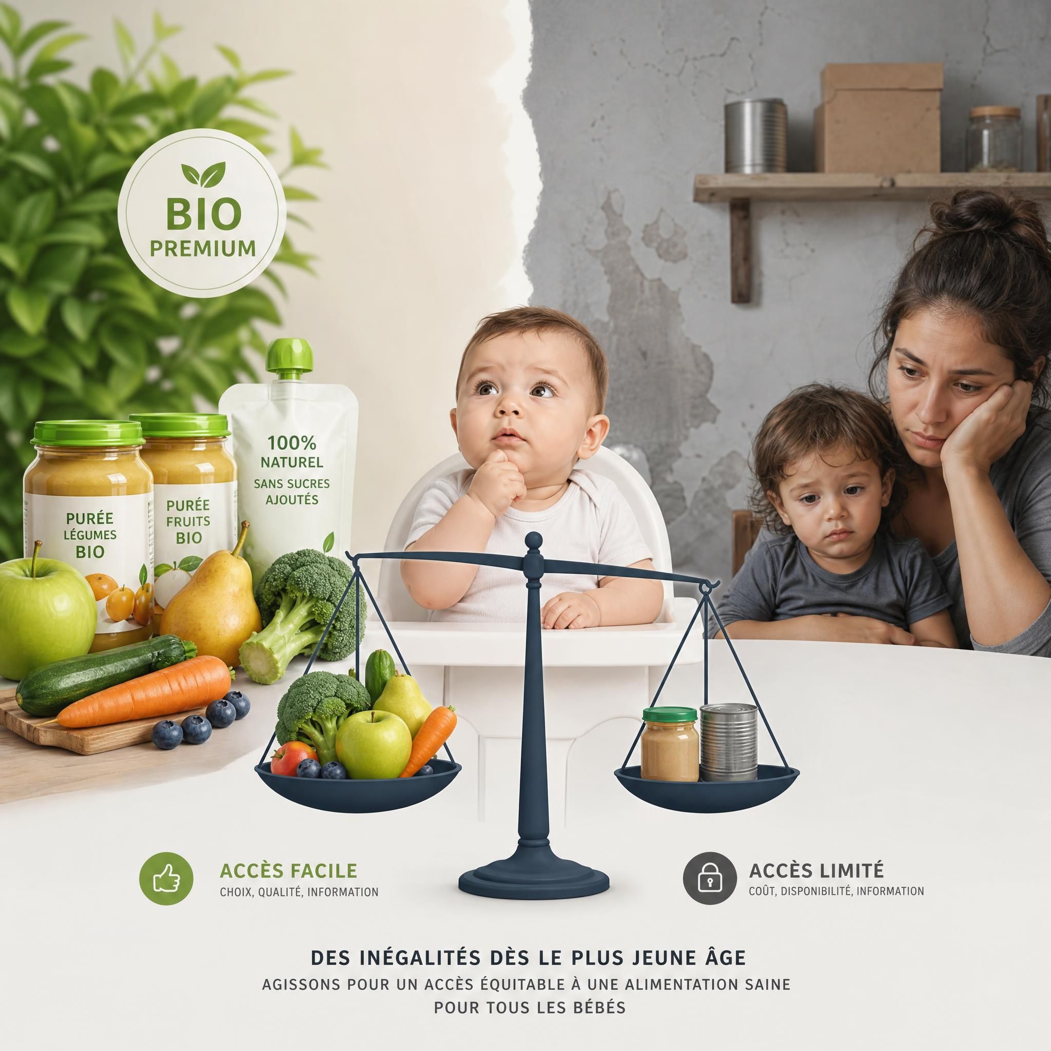 Illustration symbolisant les inégalités d'accès à une alimentation saine pour les bébés, avec d'un côté des produits bio premium et de l'autre une famille modeste