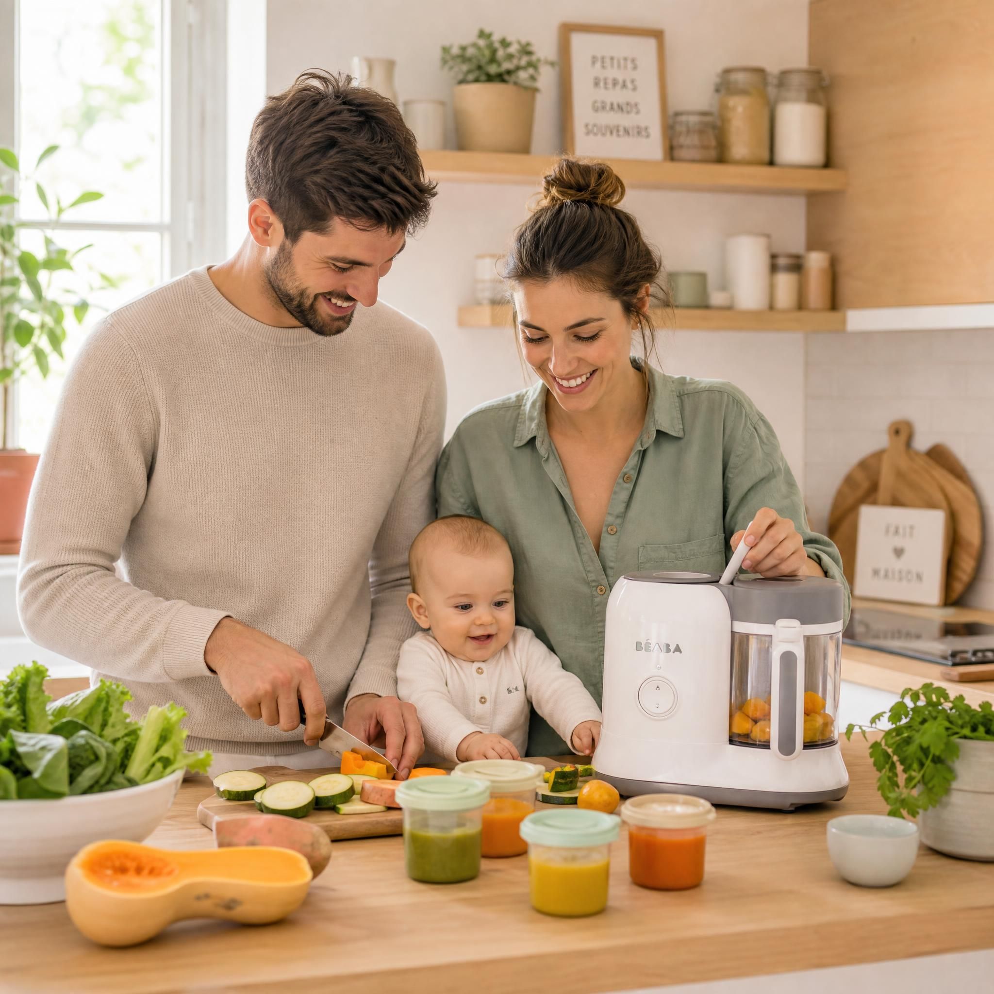Parents souriants préparant des purées maison pour leur bébé avec un robot cuiseur, dans une cuisine lumineuse et chaleureuse — illustration d'une parentalité sereine et consciente