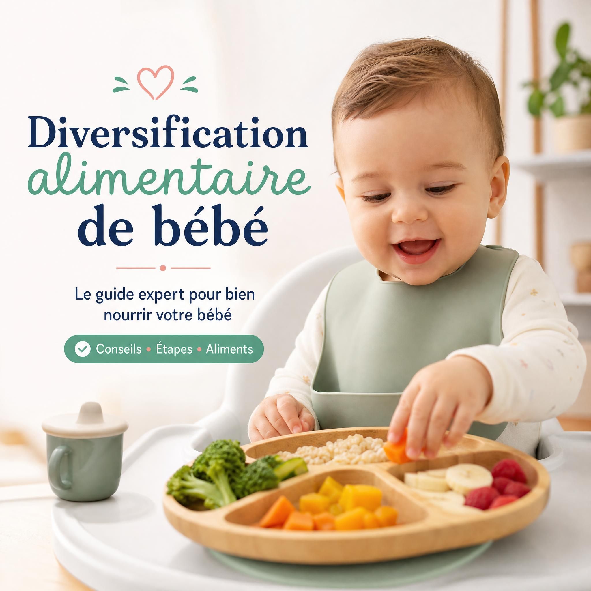 Bébé souriant explorant des aliments colorés sur un plateau de diversification alimentaire - guide expert alimentation bébé
