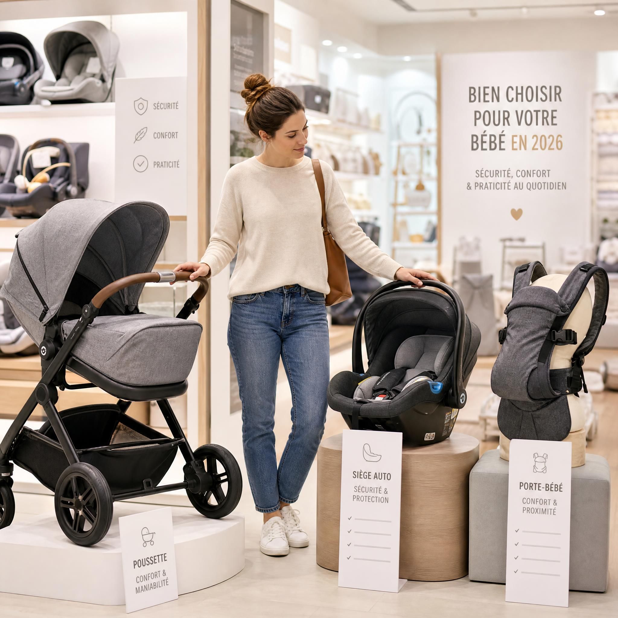 Jeune maman comparant des équipements bébé dans un magasin de puériculture en 2026 — poussette, siège auto, porte-bébé