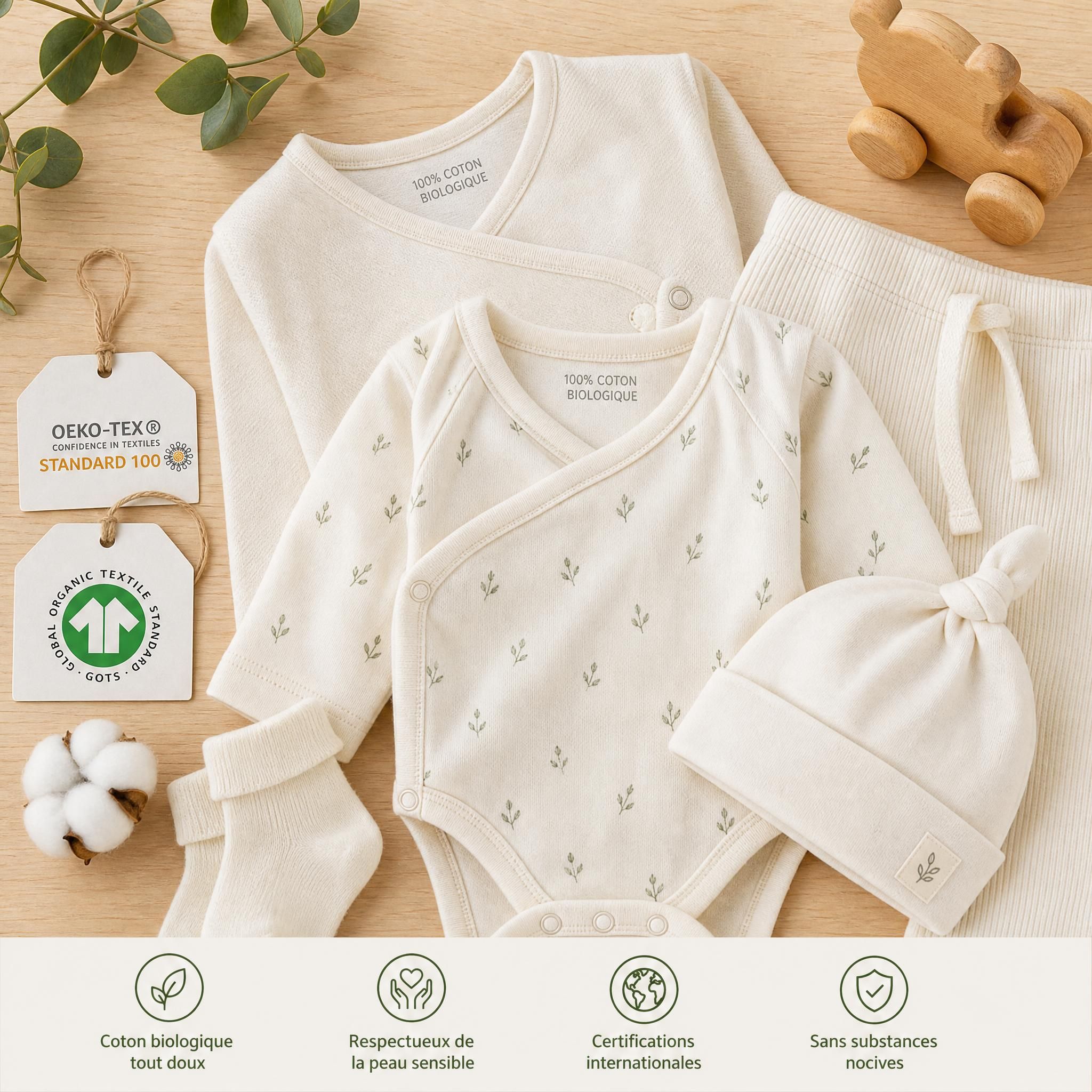 Vêtements bébé en coton biologique certifiés OEKO-TEX et GOTS disposés sur une surface naturelle en bois