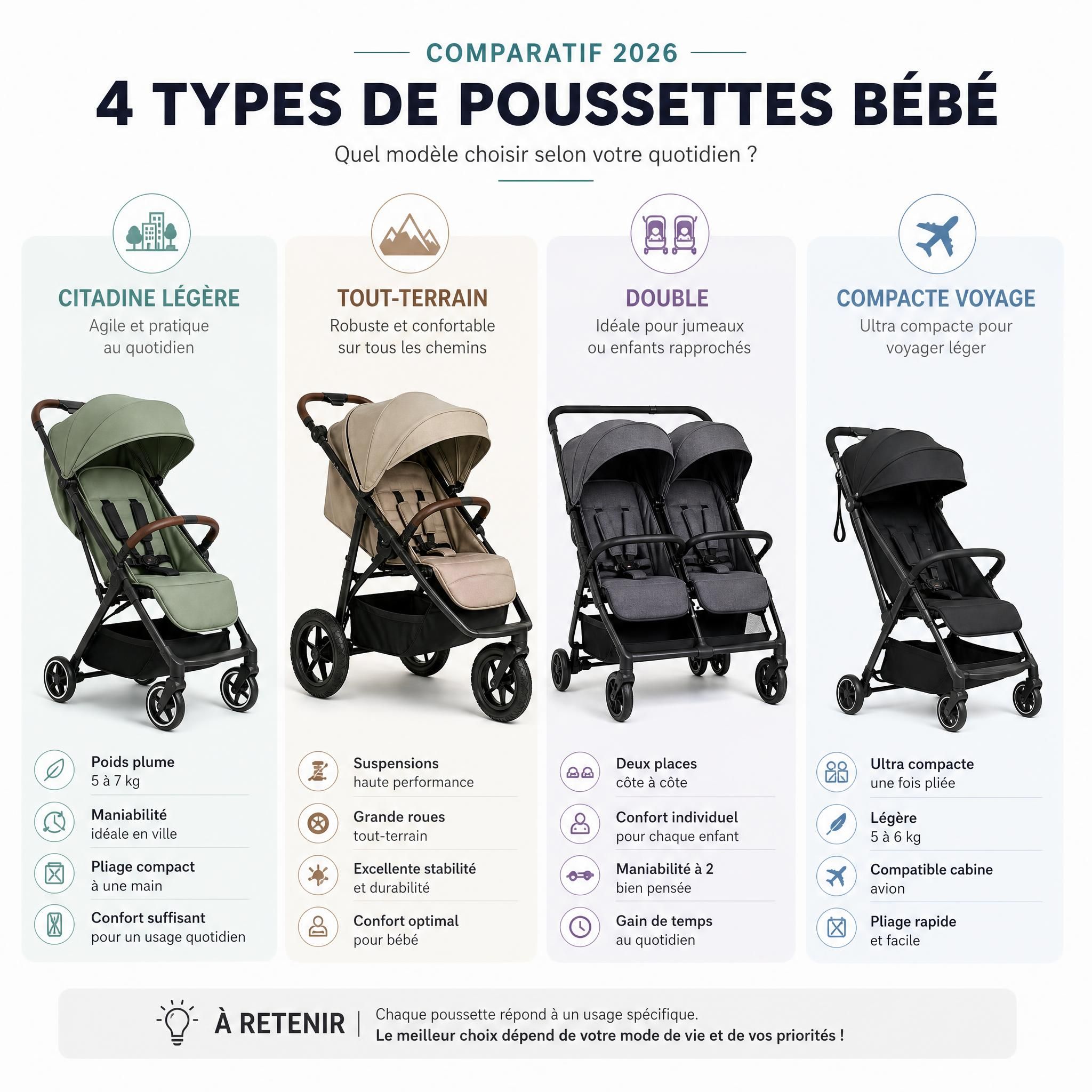 Comparatif visuel de quatre types de poussettes bébé 2026 — citadine légère, tout-terrain, double, compacte voyage