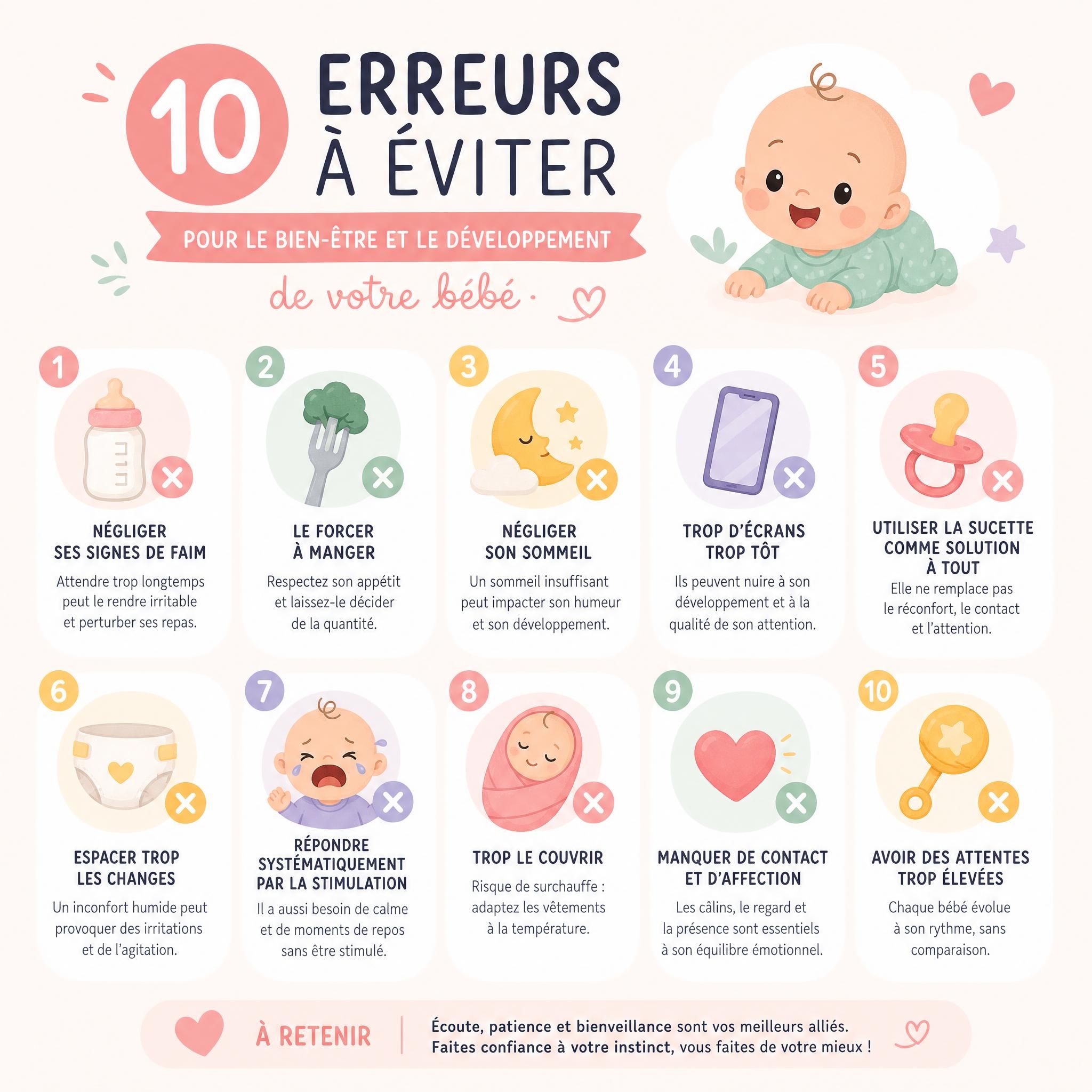 Infographie visuelle résumant les 10 erreurs à éviter avec icônes bébé, fourchette, lune et cœur sur fond pastel