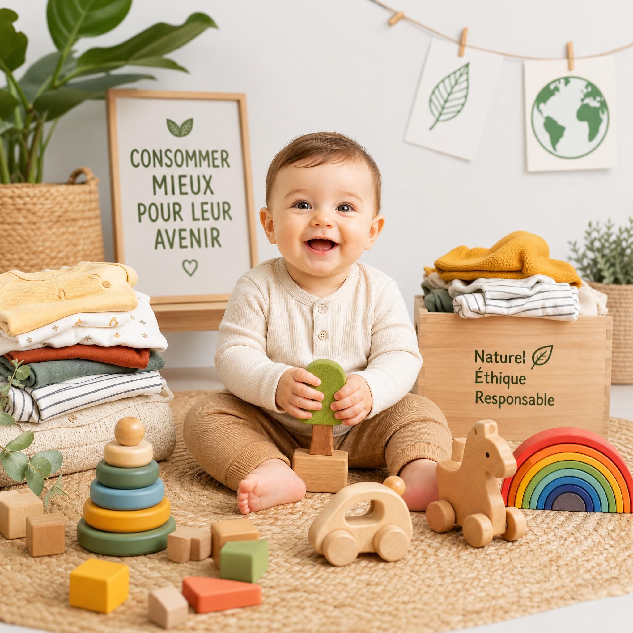 Bébé entouré de jouets colorés en bois naturel et vêtements enfant durables, symbolisant une consommation responsable