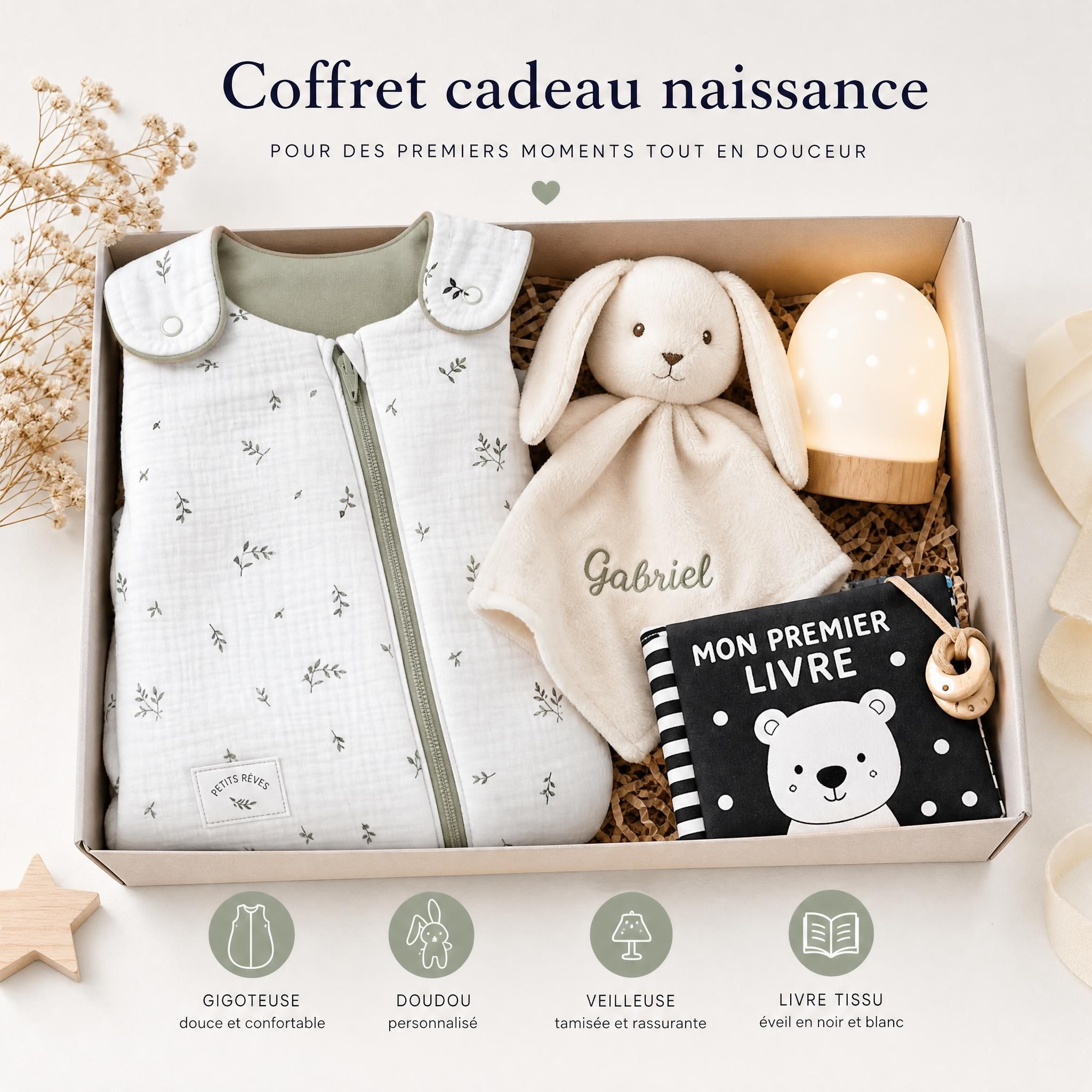 Coffret cadeau naissance soigneusement composé avec gigoteuse, doudou personnalisé, veilleuse et livre tissu noir et blanc
