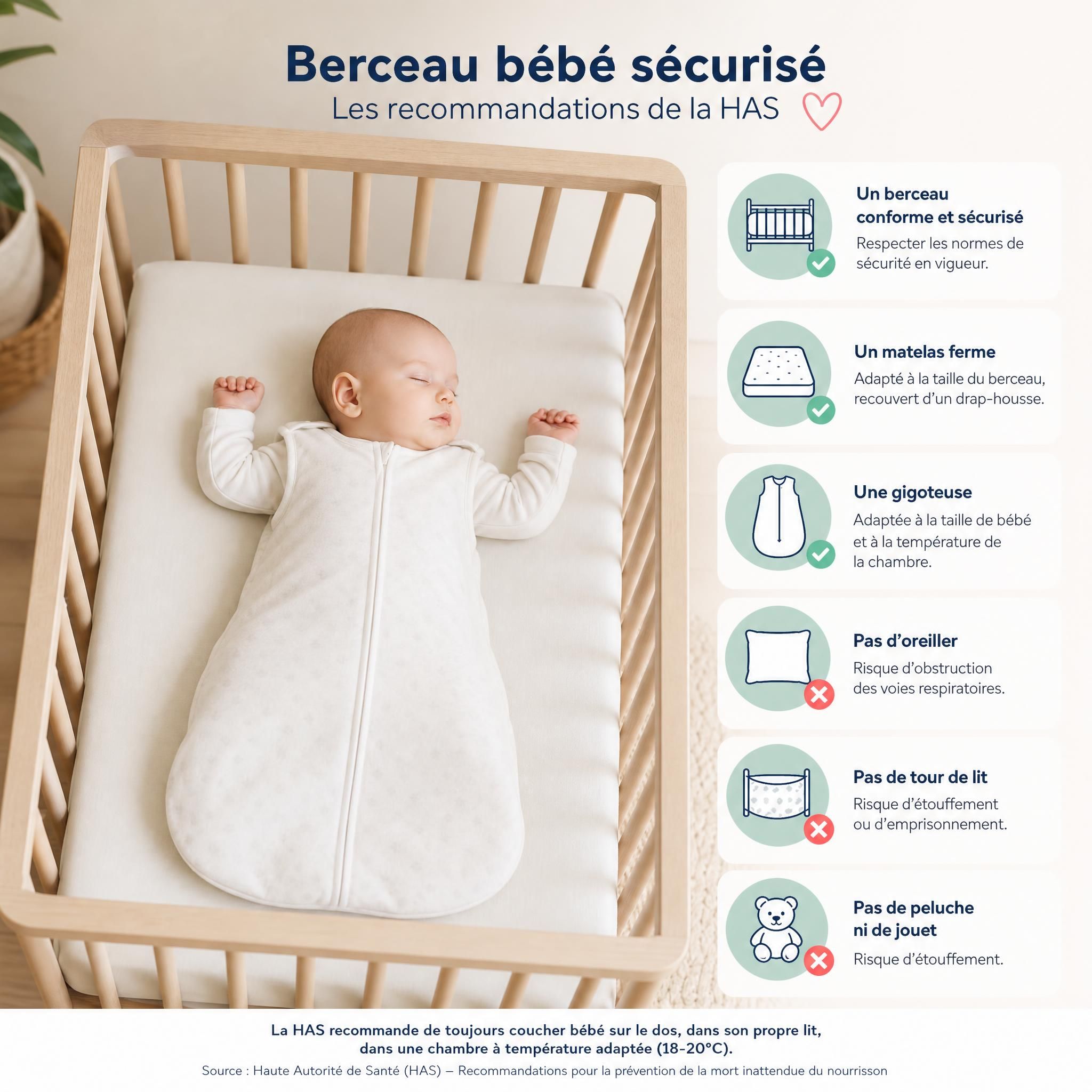 Berceau bébé sécurisé avec matelas ferme et gigoteuse, sans oreiller ni tour de lit, recommandations HAS