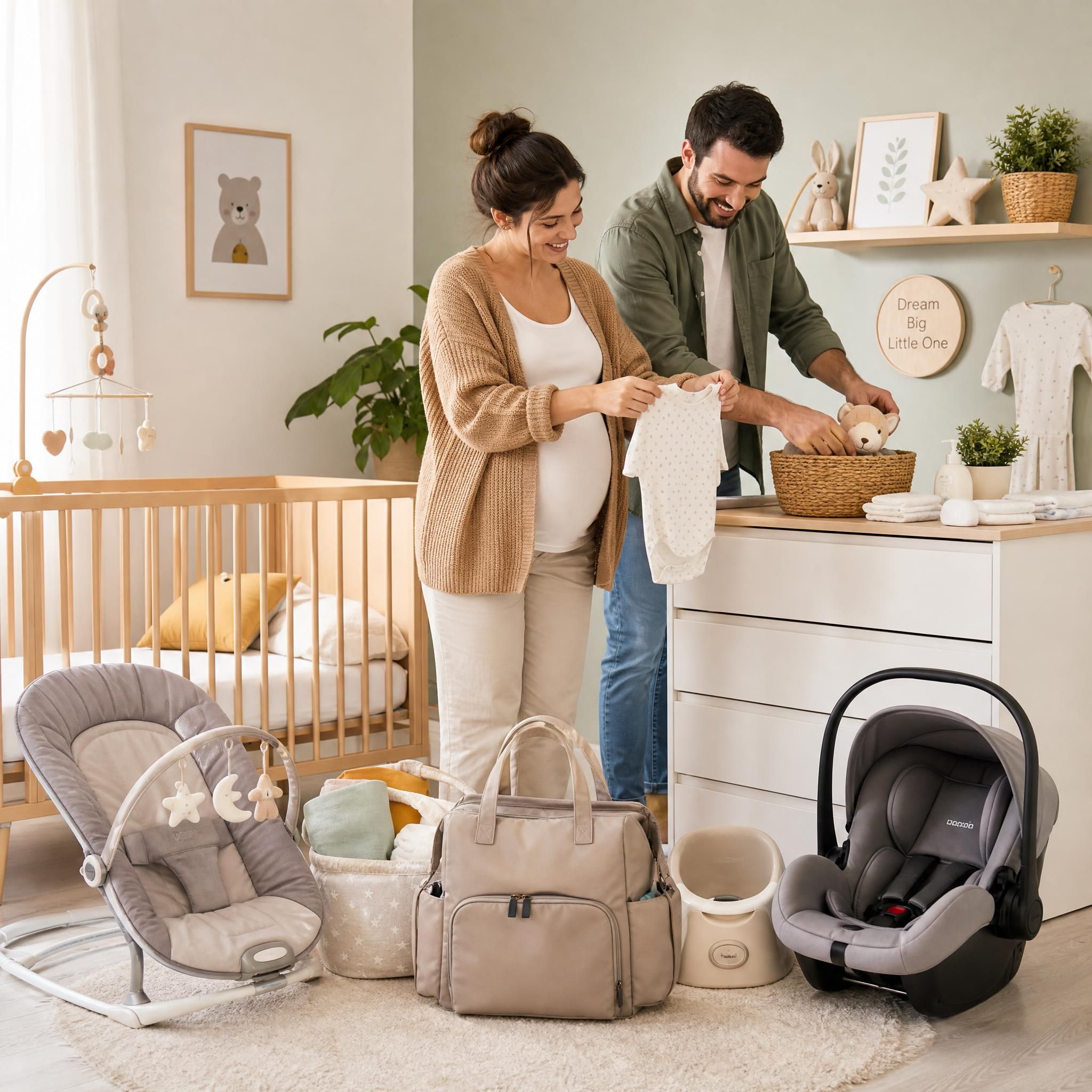 Jeune couple de parents heureux préparant la chambre de bébé avec des accessoires de puériculture essentiels