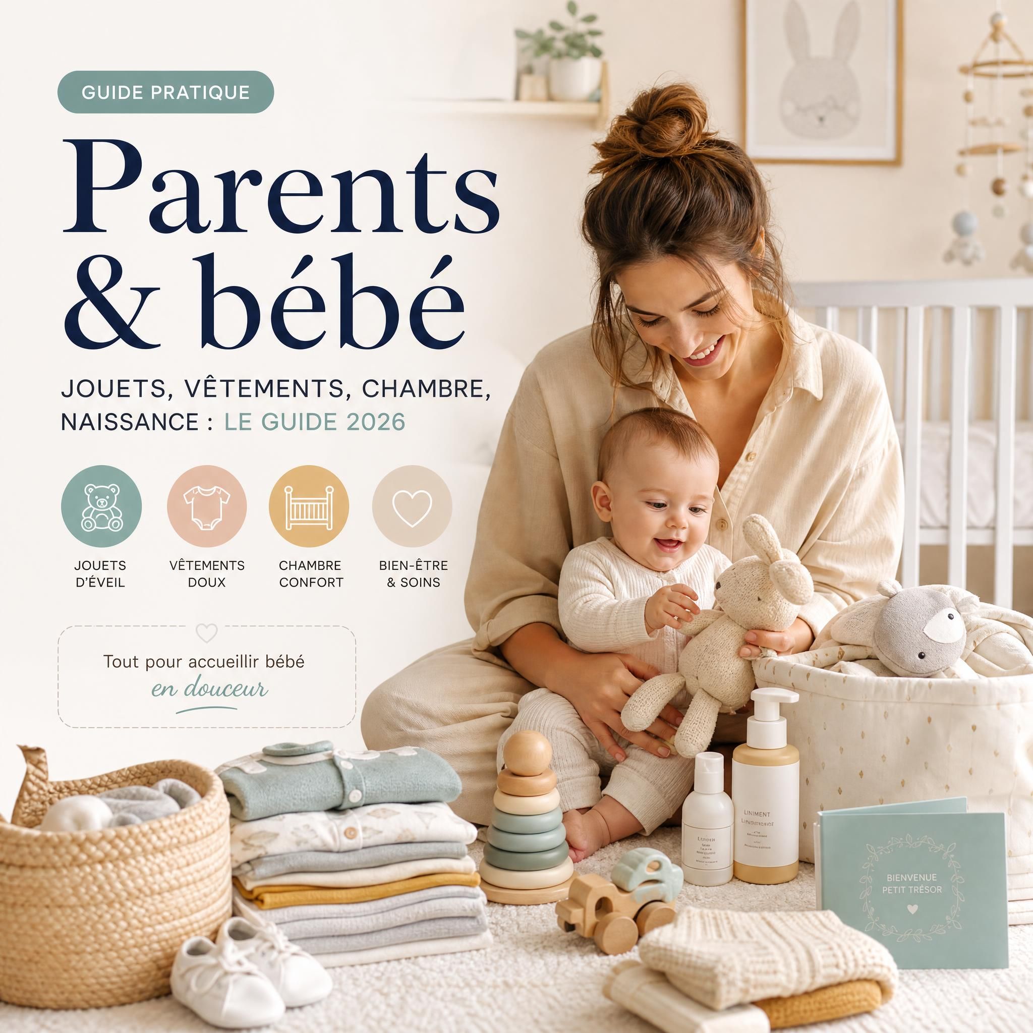 Guide pratique parents bébé jouets vêtements chambre naissance 2026 — maman souriante entourée de produits bébé soigneusement sélectionnés