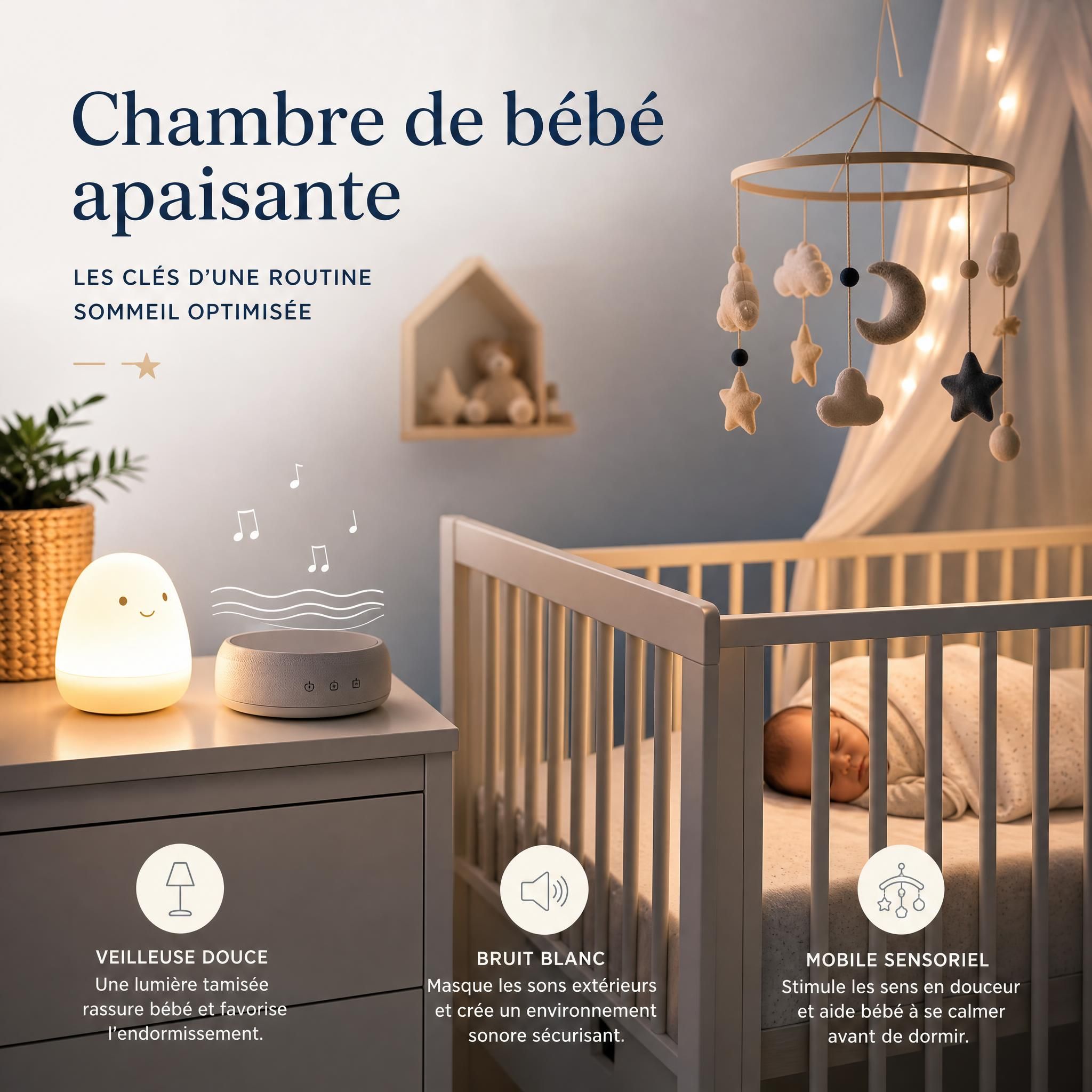 Chambre de bébé apaisante avec veilleuse douce, bruit blanc et mobile sensoriel - routine sommeil bébé optimisation