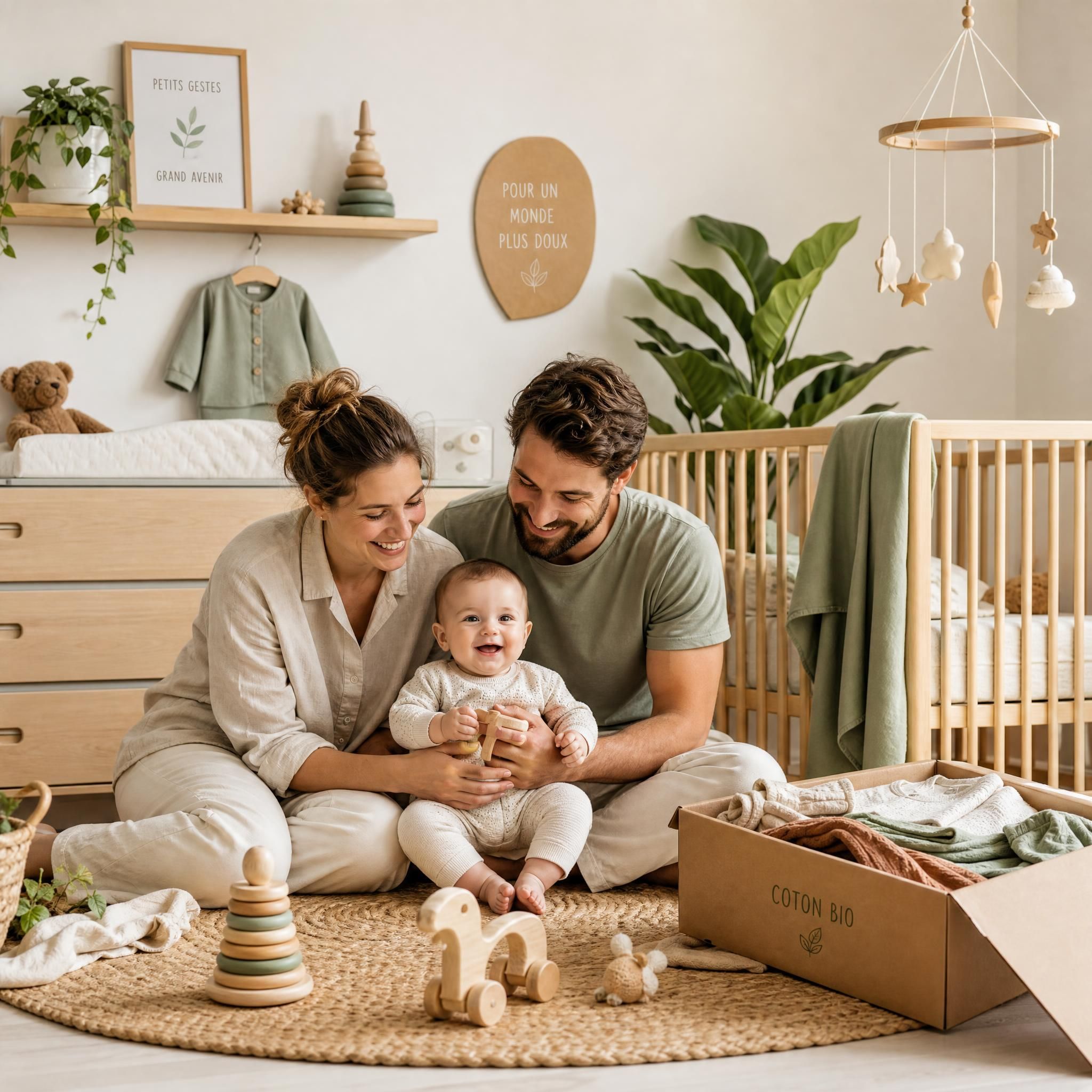 Parents heureux avec bébé dans une chambre bébé naturelle et éco-responsable, jouets en bois et vêtements enfant en coton bio