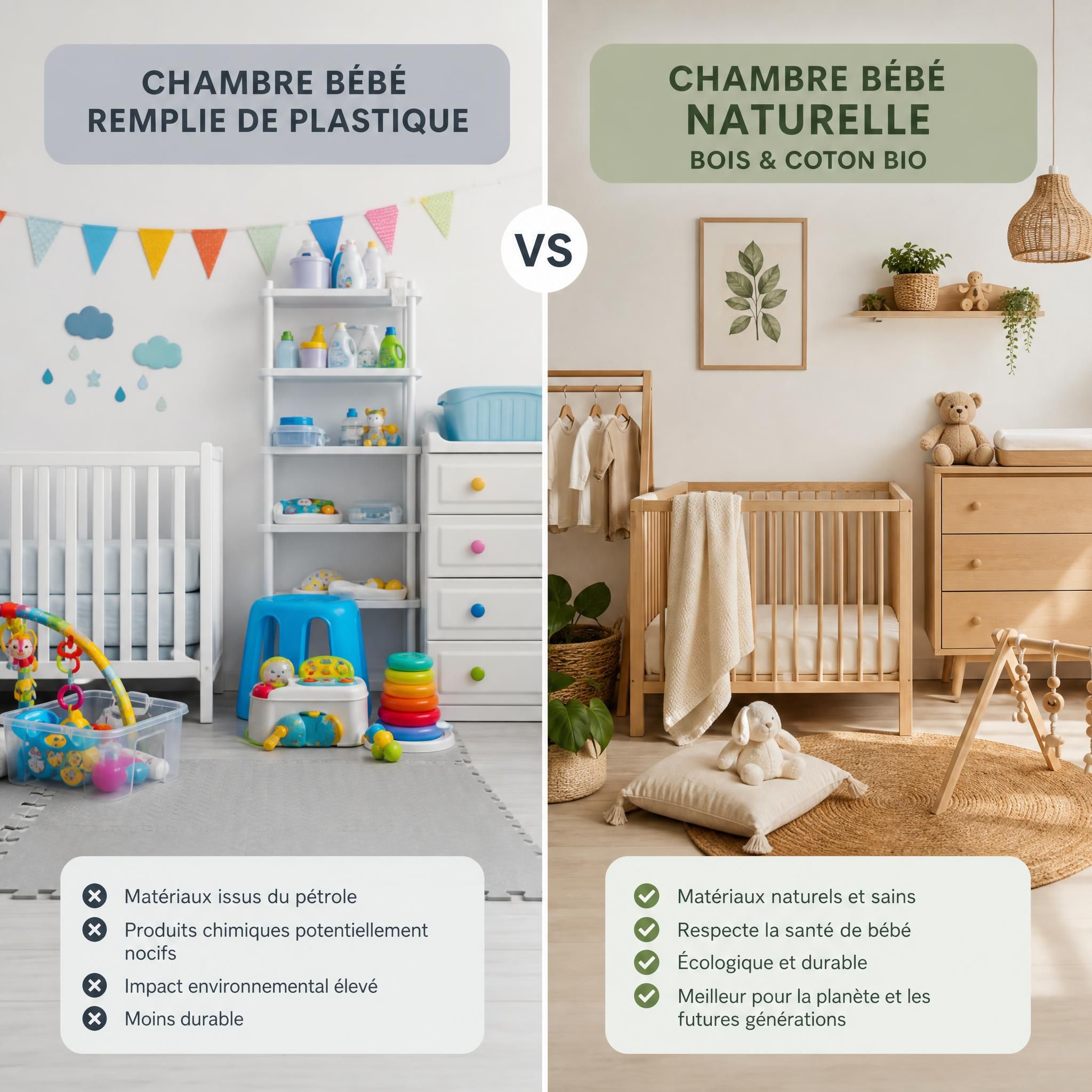 Illustration comparant une chambre bébé remplie de plastique versus une chambre bébé naturelle en bois et coton bio