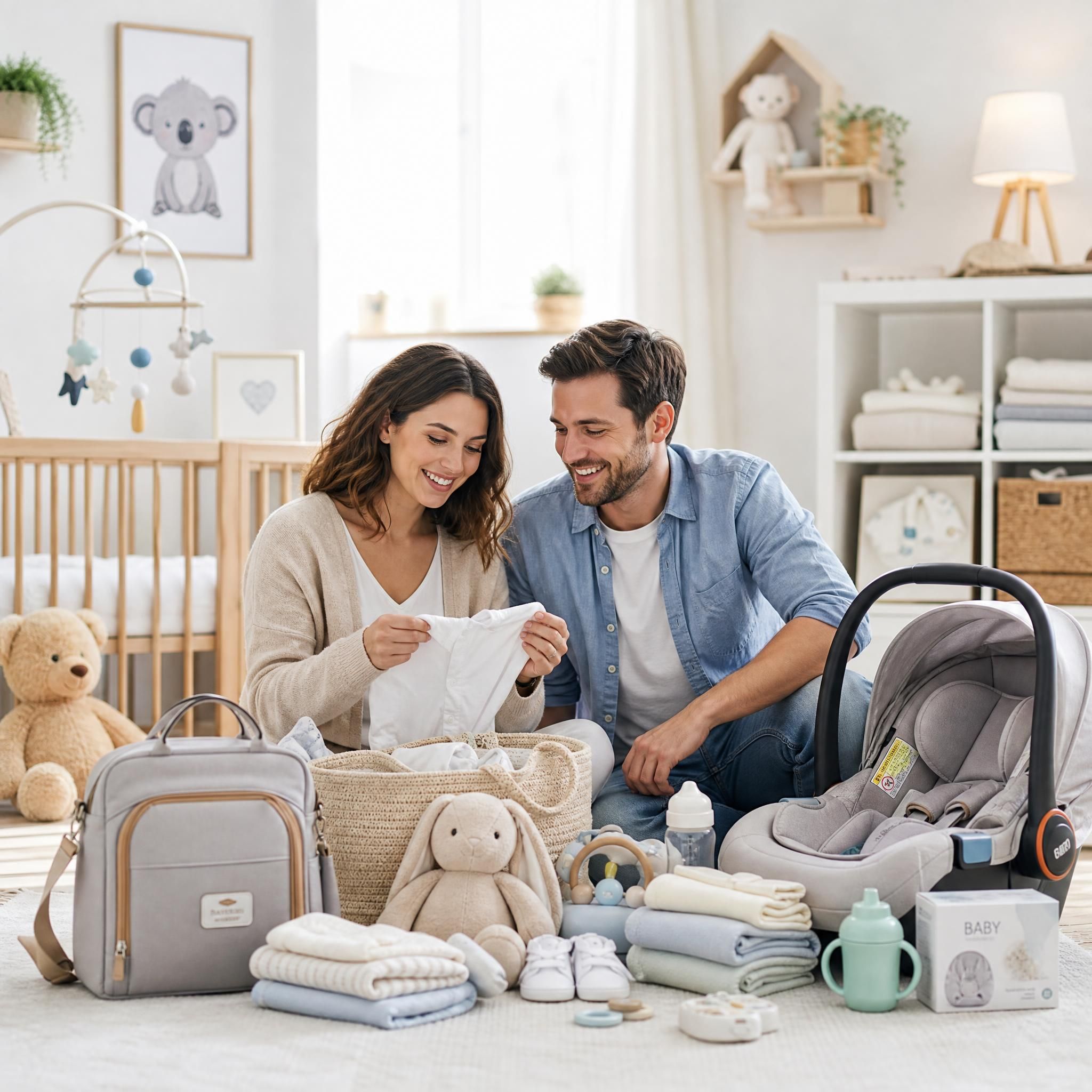 Parents heureux entourés d'accessoires bébé soigneusement sélectionnés dans une chambre lumineuse et sécurisée