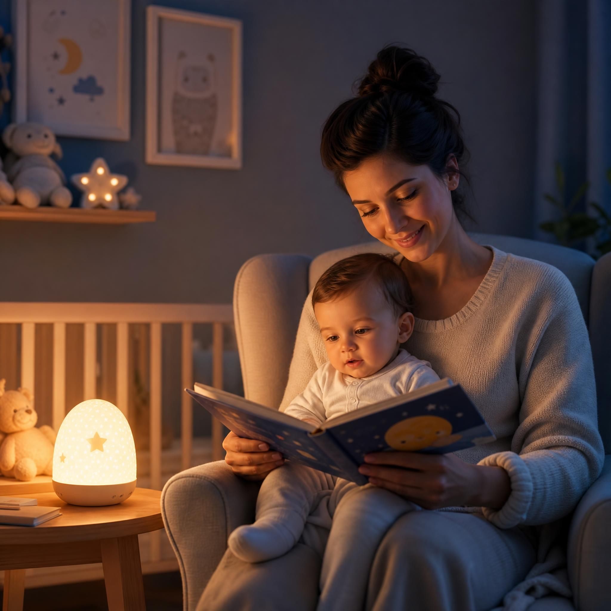 Parent lisant une histoire à son bébé dans une chambre tamisée et apaisante, avec une veilleuse douce, ambiance sécurisante