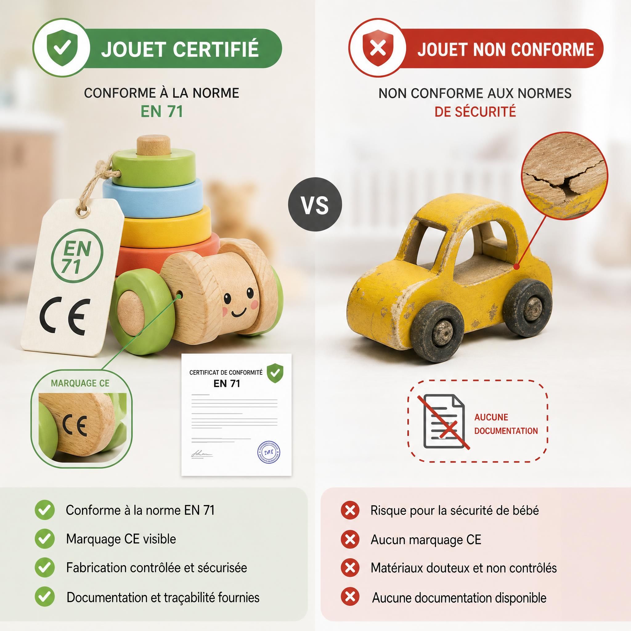 Comparatif visuel entre jouet bébé certifié EN 71 avec marquage CE visible et jouet non conforme sans documentation