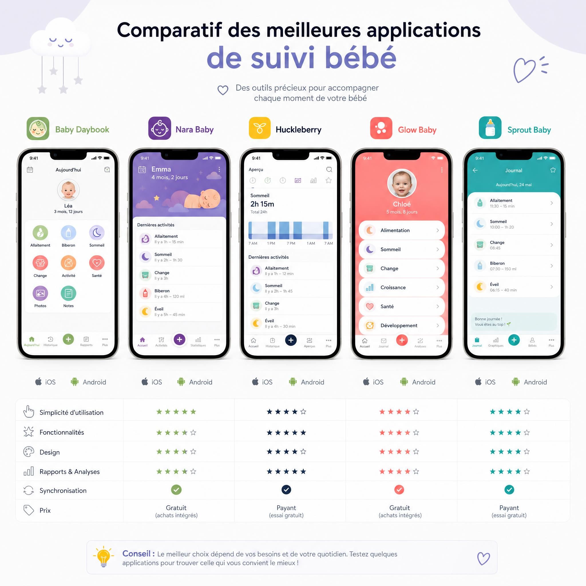 Comparatif visuel des interfaces des meilleures applications de suivi bébé sur smartphones iOS et Android