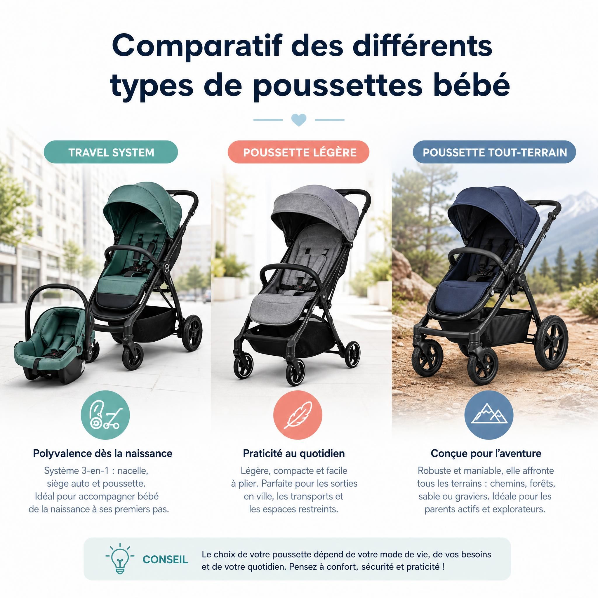 Comparatif de différents types de poussettes bébé côte à côte - travel system, poussette légère et poussette tout-terrain