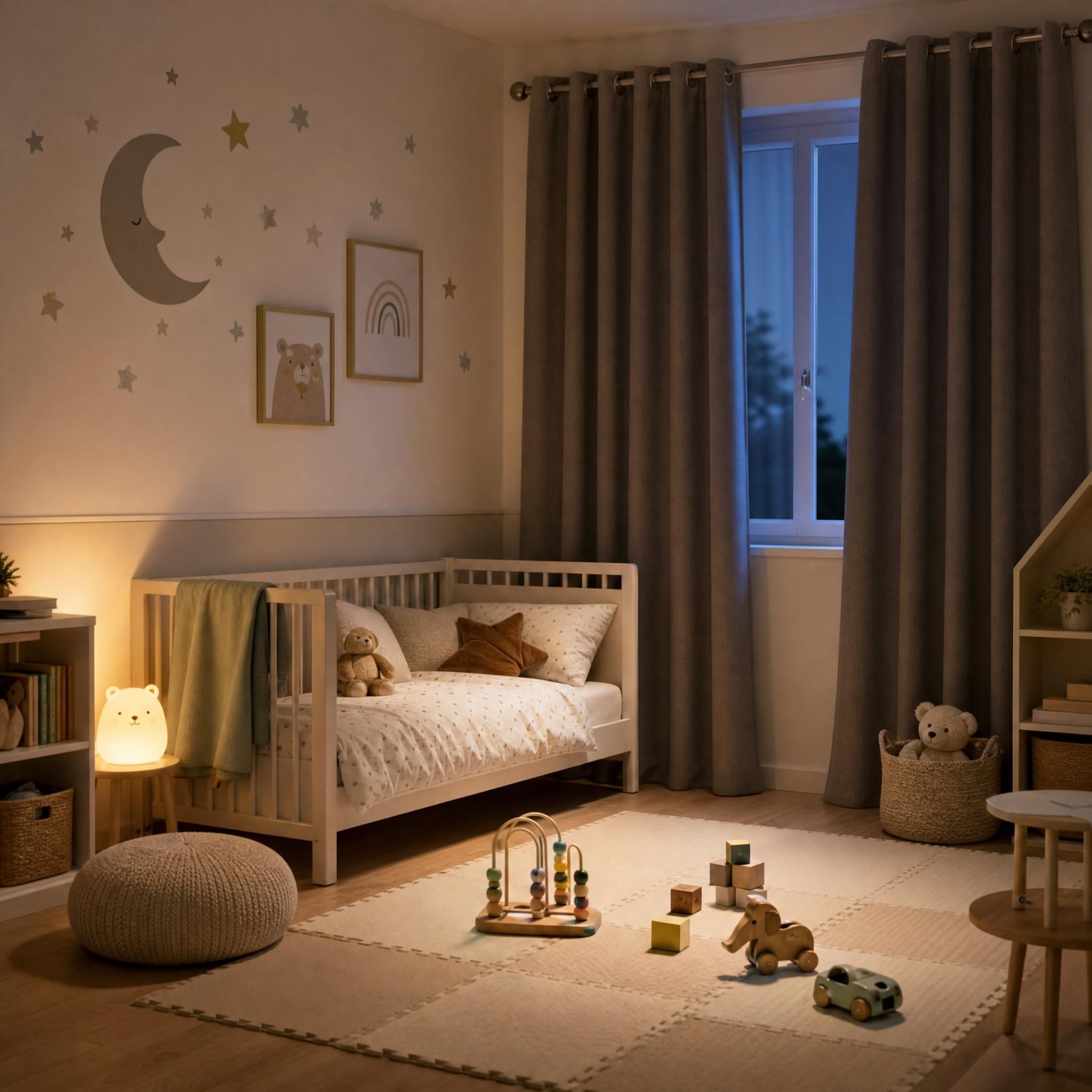 Chambre bébé aménagée avec lit positionné contre le mur, rideaux occultants, veilleuse douce et espace de jeu au sol sécurisé