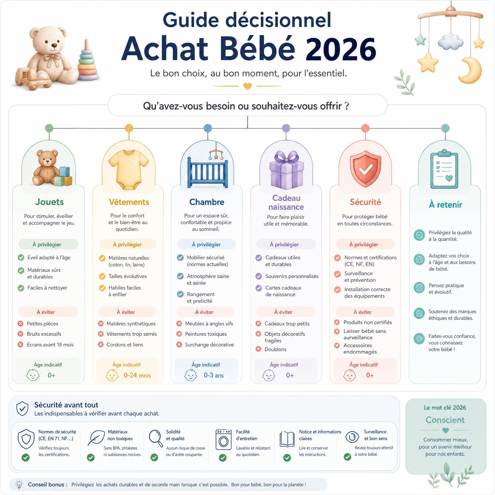 Infographie guide décisionnel achat bébé 2026, jouets vêtements chambre cadeau naissance sécurité