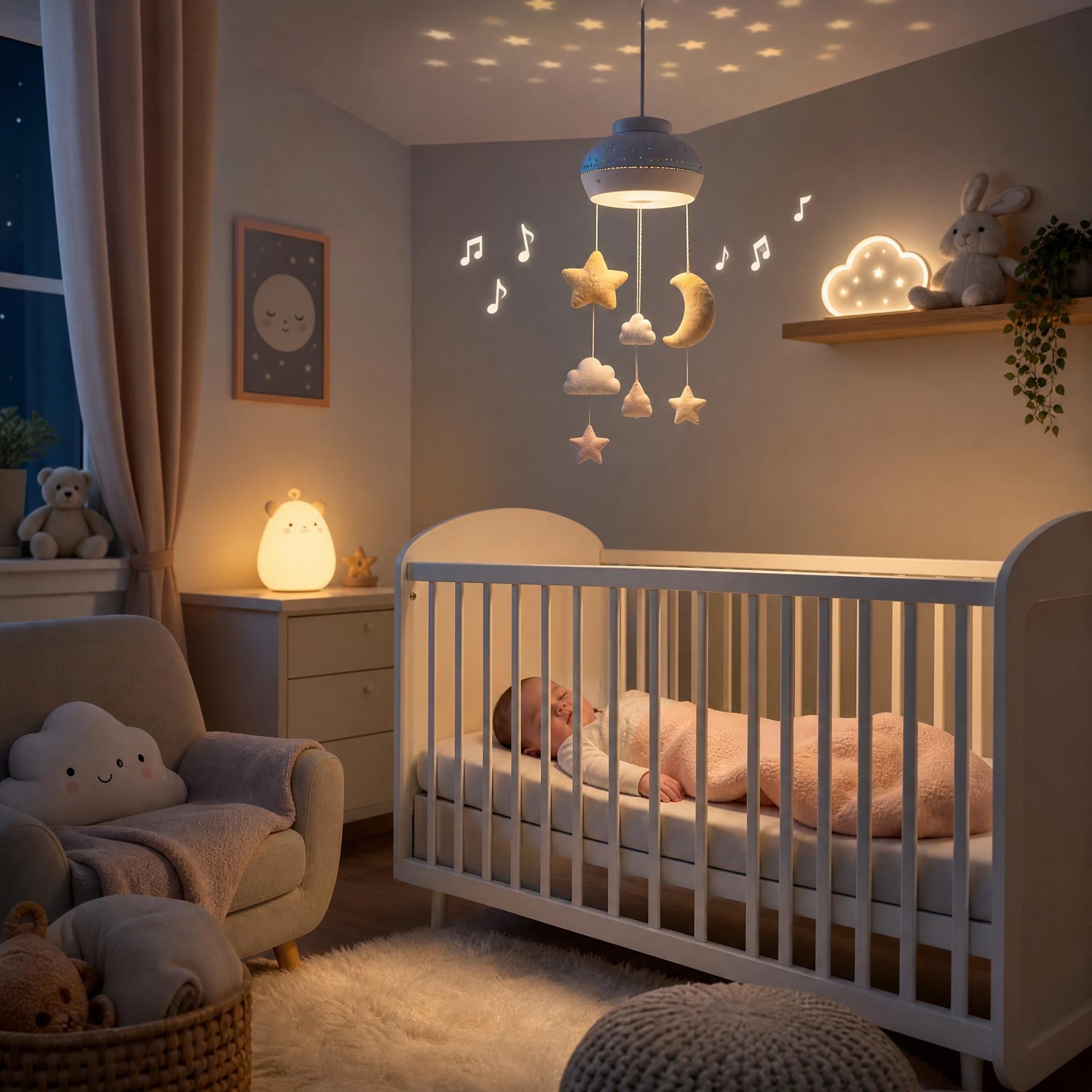 chambre de bébé douce avec veilleuse tamisée, mobile musical au-dessus du lit, ambiance apaisante pour le sommeil