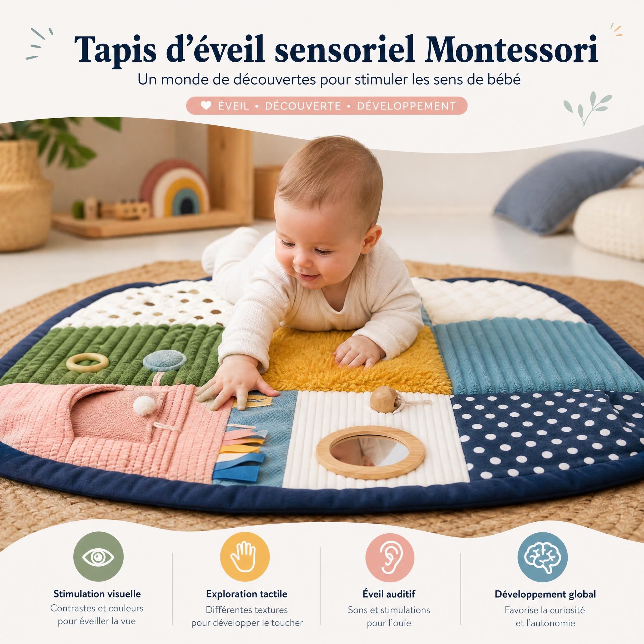 Bébé en tapis d'éveil sensoriel Montessori avec différentes textures et couleurs - éveil sensoriel développement enfant