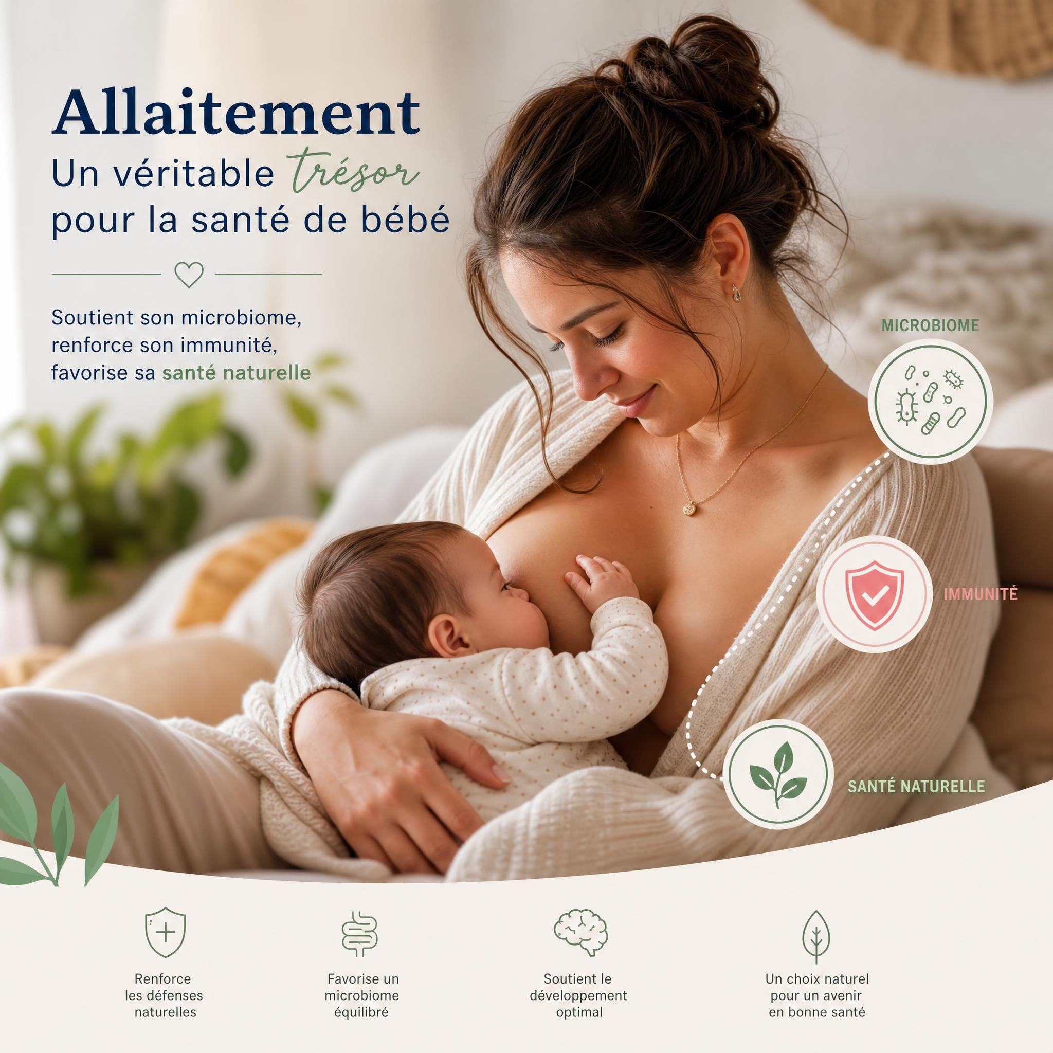Mère allaitant son bébé dans une ambiance chaleureuse - allaitement microbiome immunité bébé santé naturelle