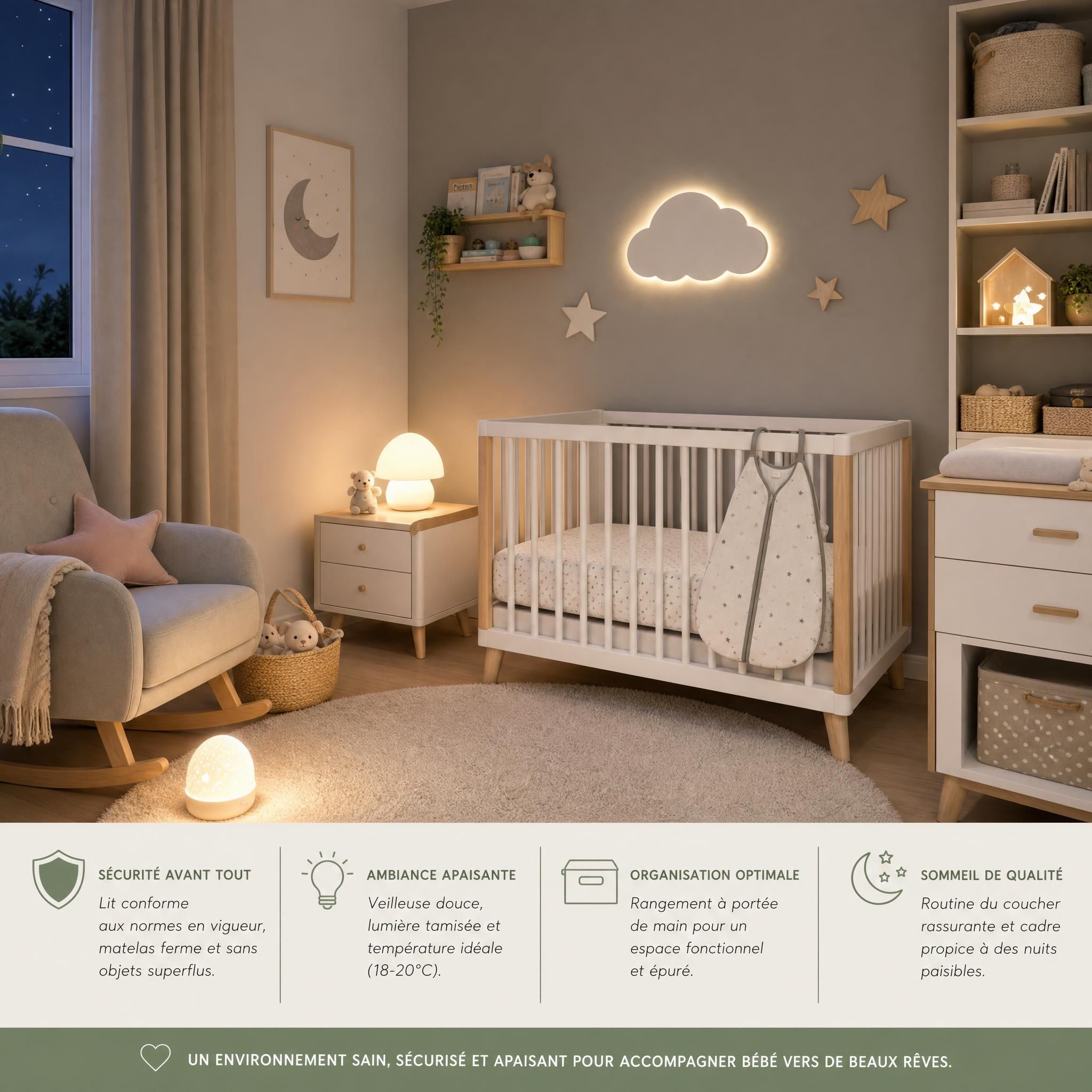 Chambre bébé idéalement aménagée avec lit sécurisé, veilleuse douce et organisation optimale pour le sommeil