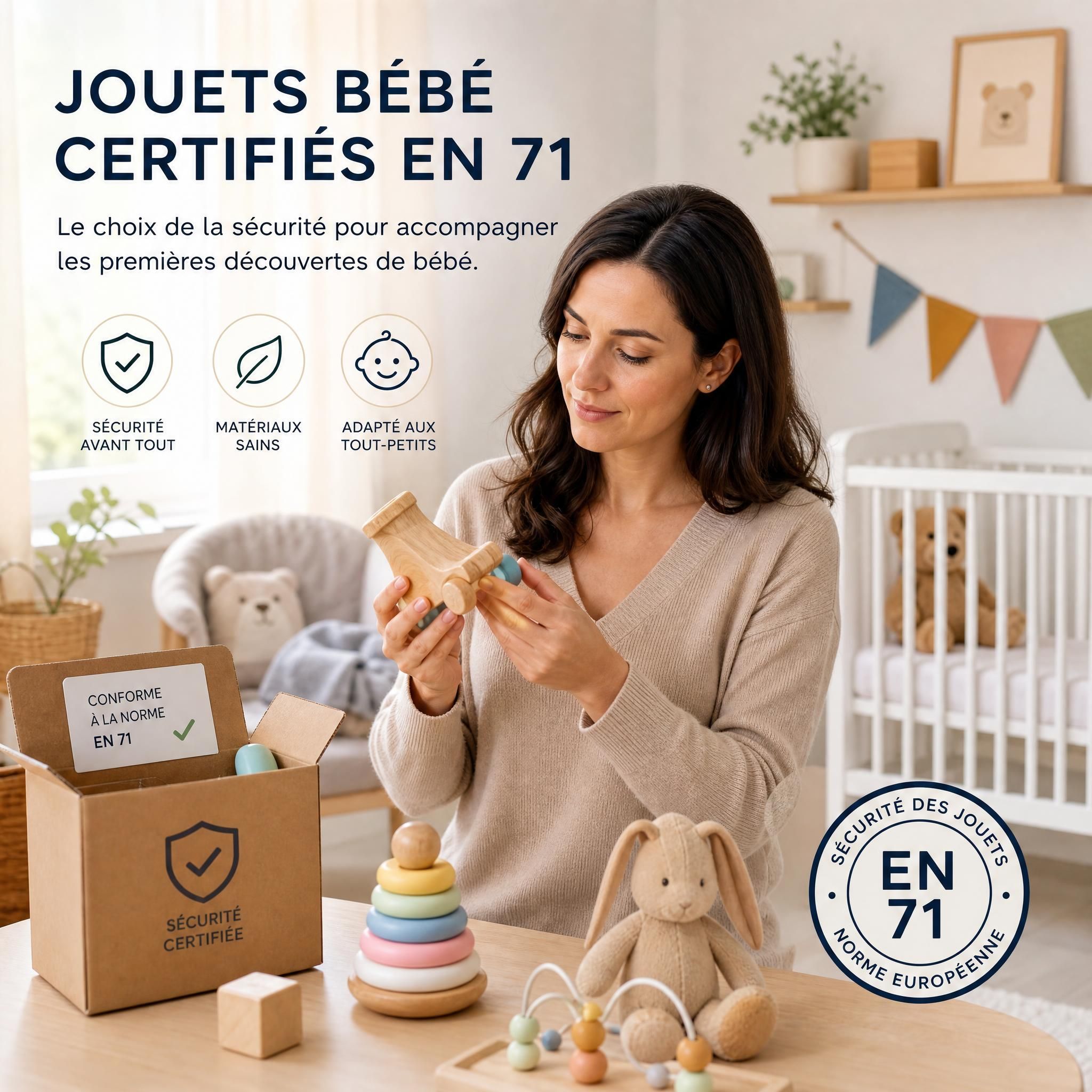 Parent expert choisissant des jouets bébé certifiés EN 71 dans un espace chambre bébé aménagé avec soin