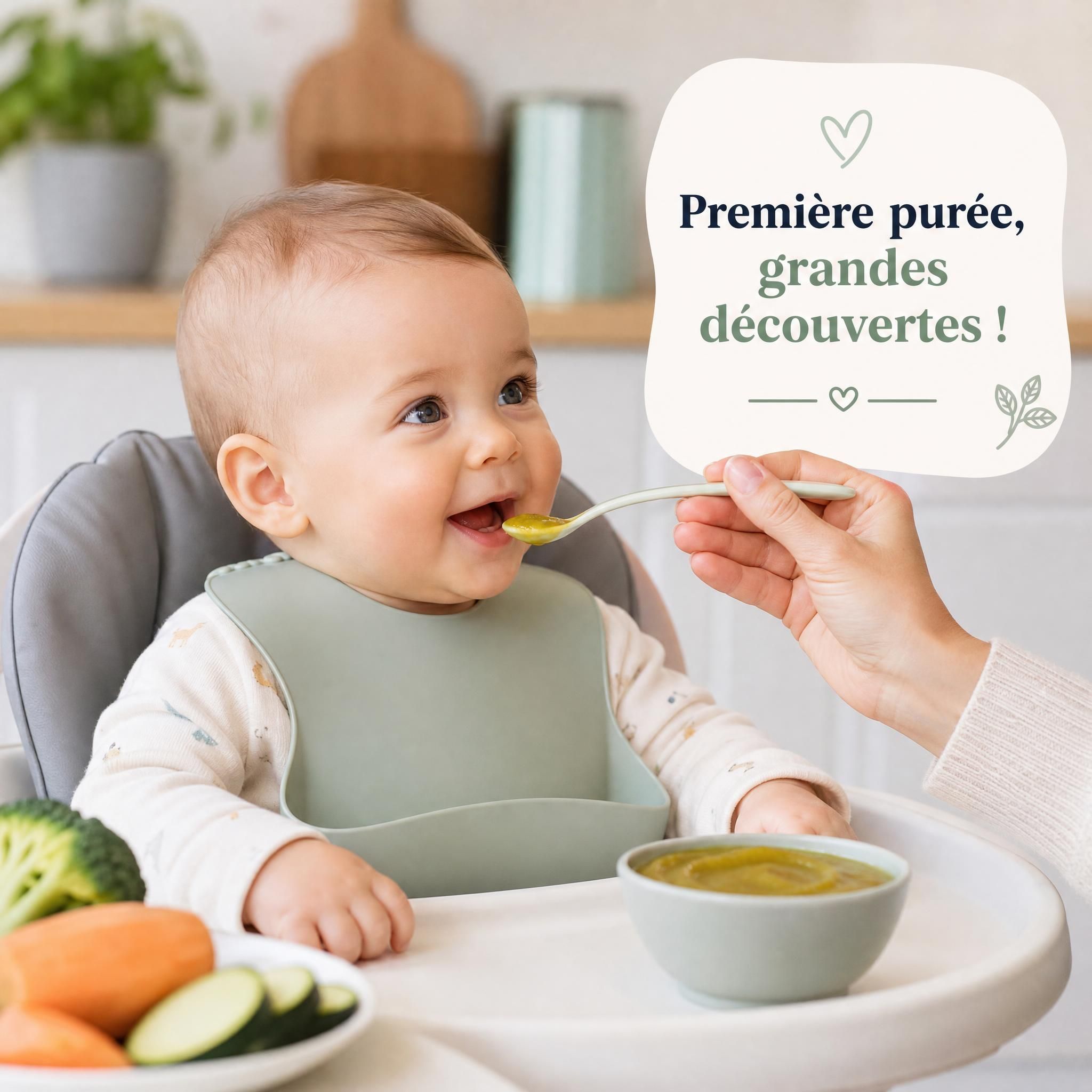 Bébé découvrant sa première purée de légumes à la cuillère, expression curieuse et souriante, diversification alimentaire premiers aliments
