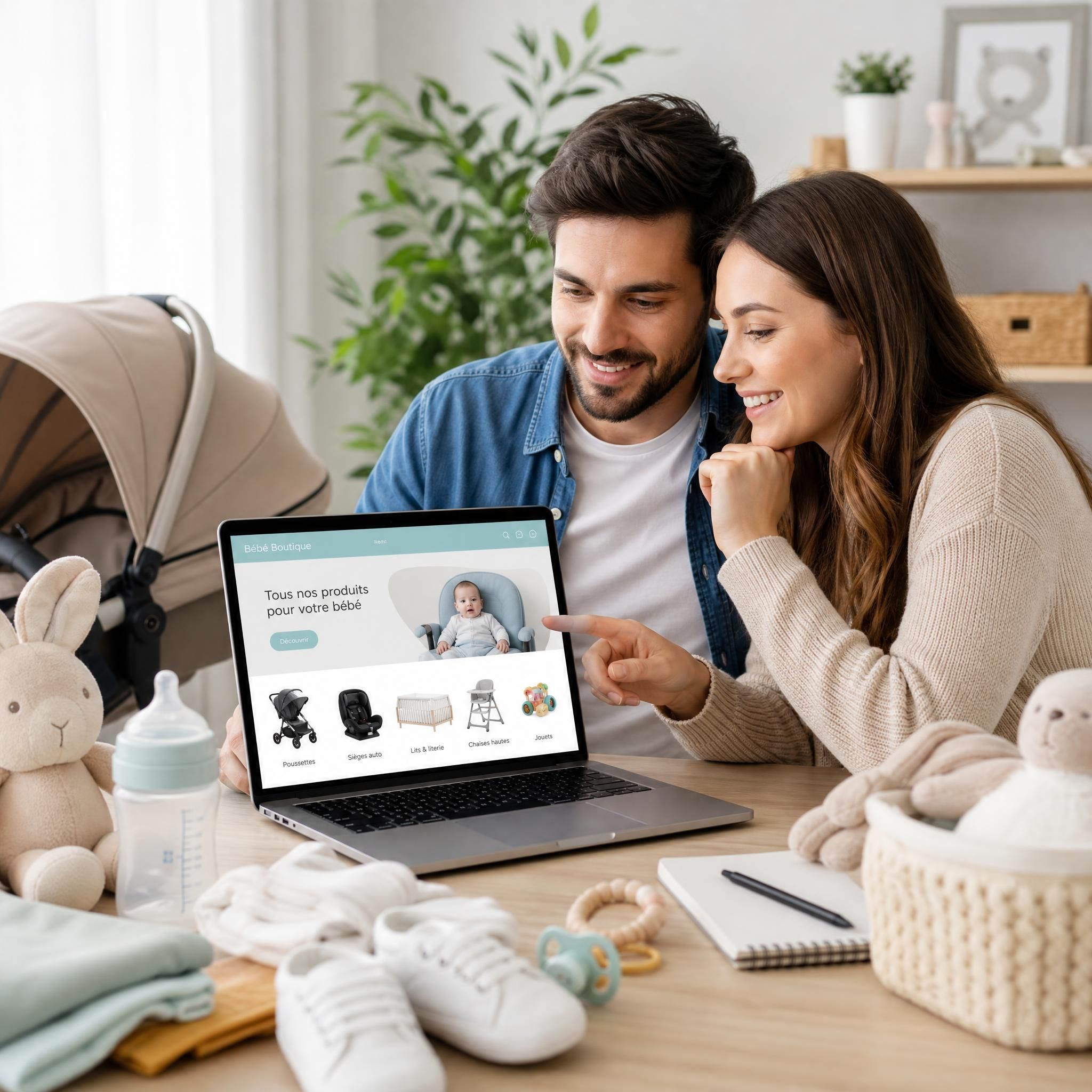 Parents faisant leurs achats bébé en ligne sur un ordinateur portable, entourés d'accessoires de puériculture