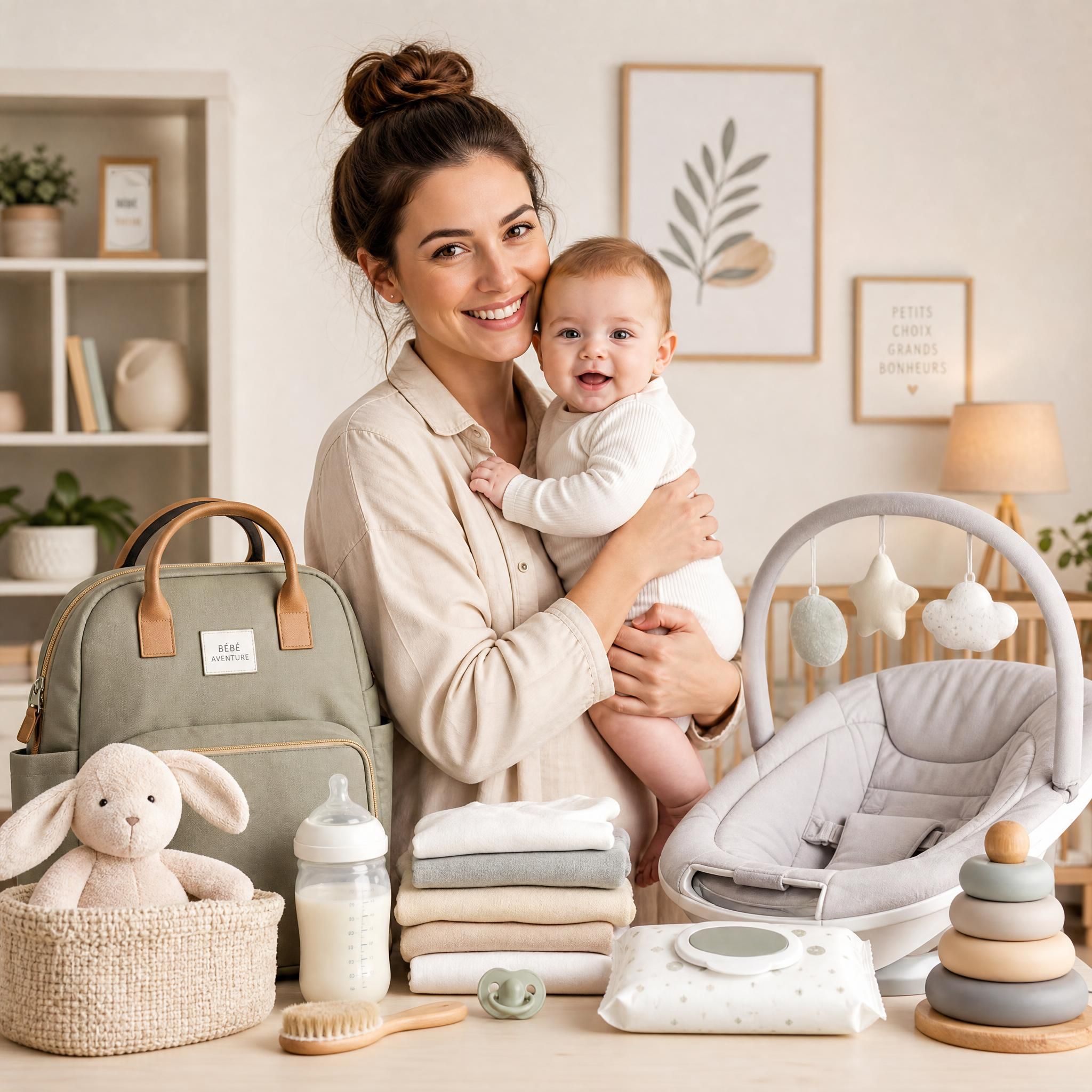 Jeune maman souriante tenant son bébé dans ses bras entourée d'accessoires de puériculture soigneusement choisis