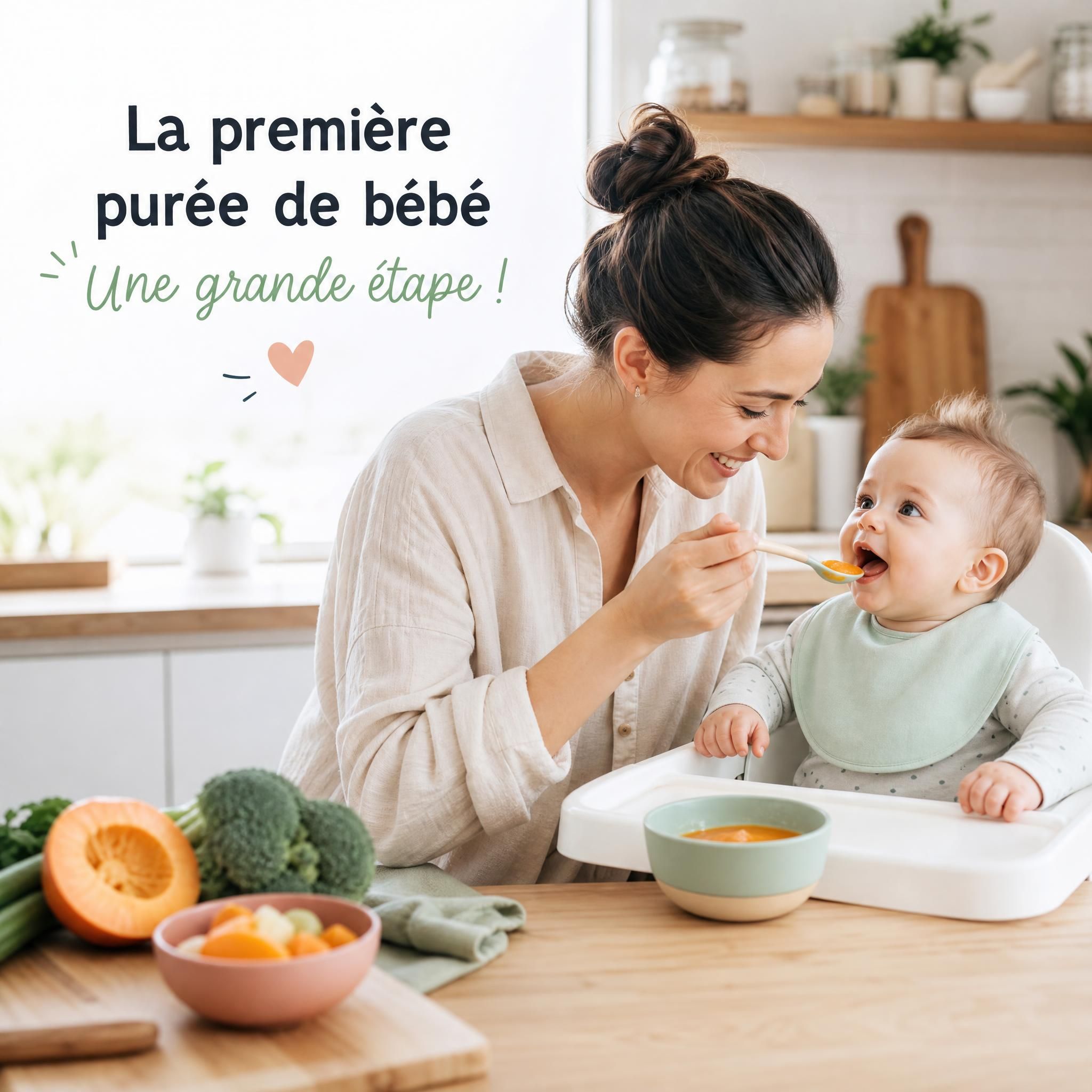 mère souriante donnant la première purée à son bébé de 6 mois dans une cuisine lumineuse, alimentation bébé diversification