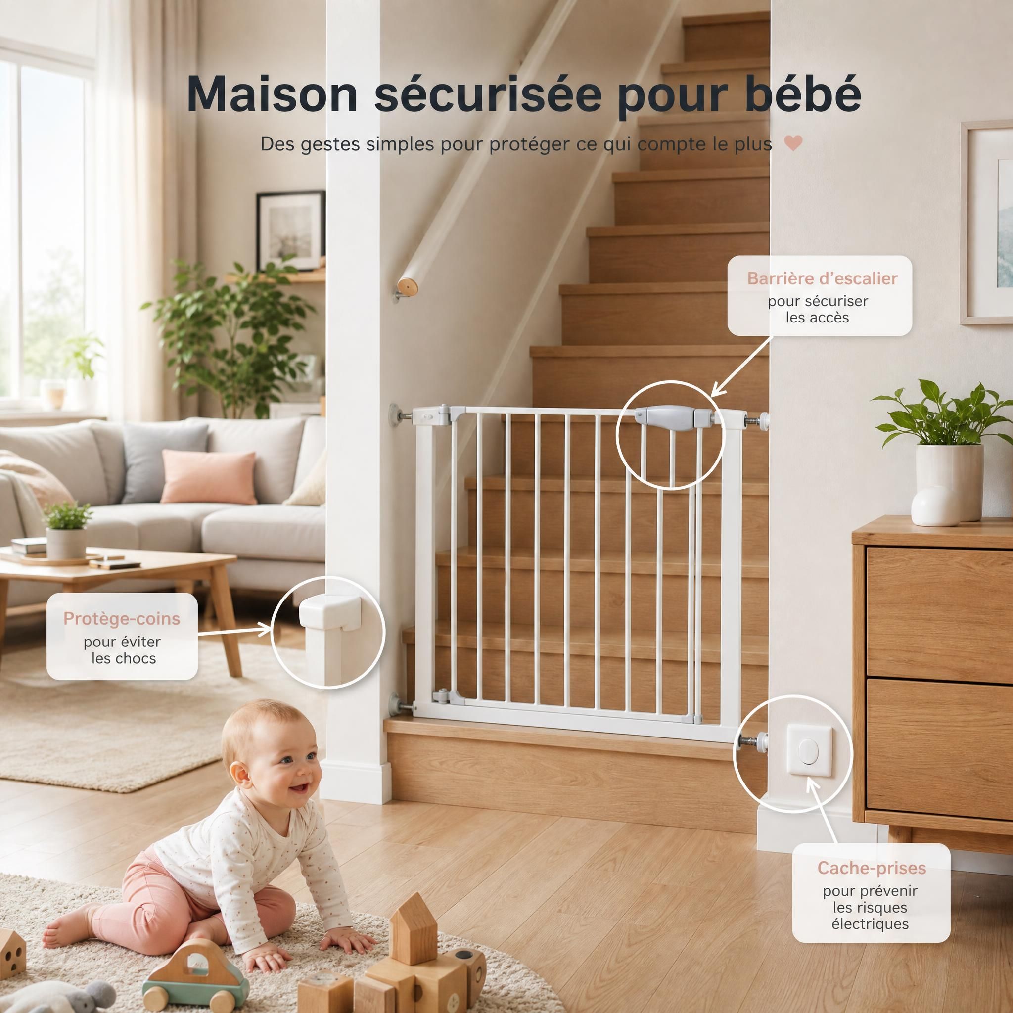 Maison sécurisée pour bébé avec barrière d'escalier, protège-coins et cache-prises visibles dans un intérieur familial chaleureux