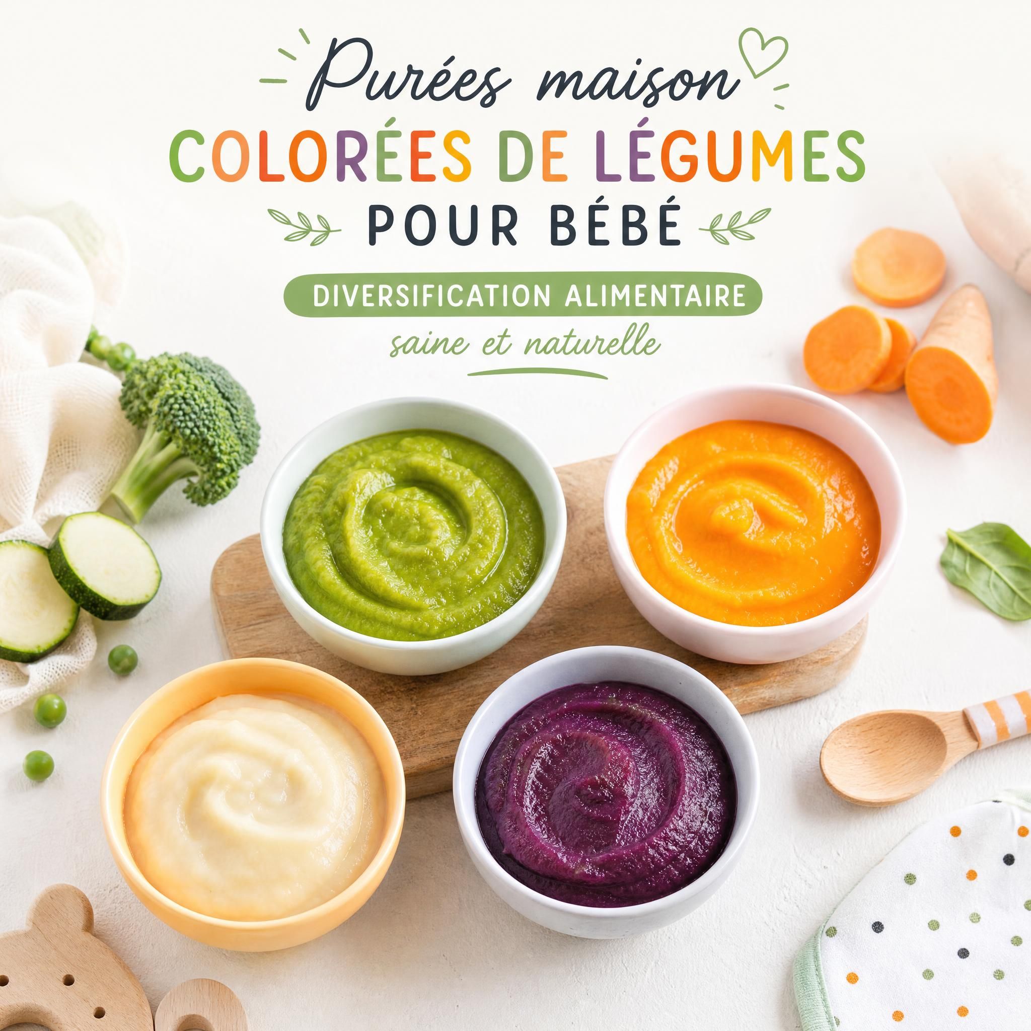 Purées maison colorées de légumes pour bébé, diversification alimentaire saine et naturelle