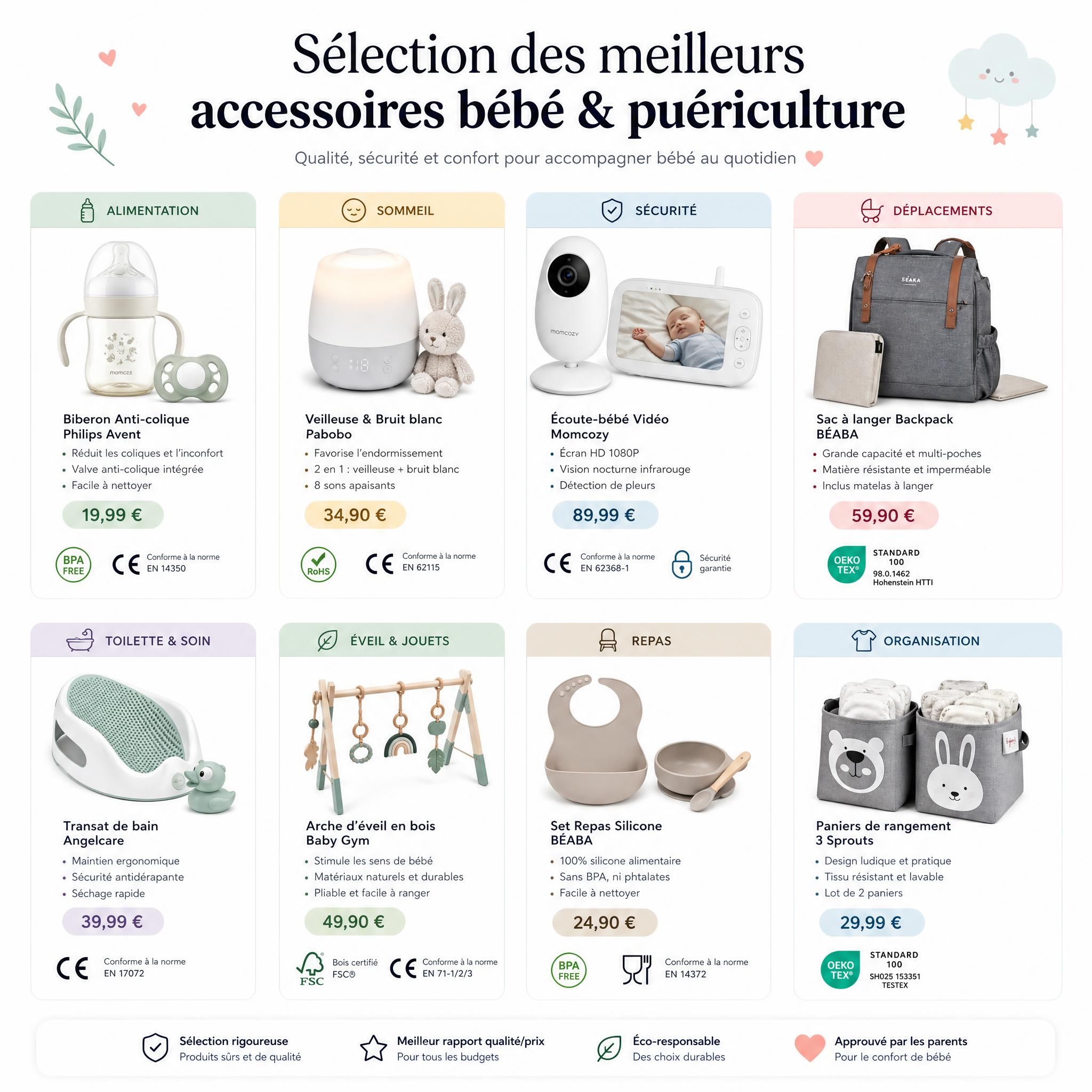 Sélection des meilleurs accessoires bébé puériculture organisés par catégorie avec étiquettes de prix et certifications visibles