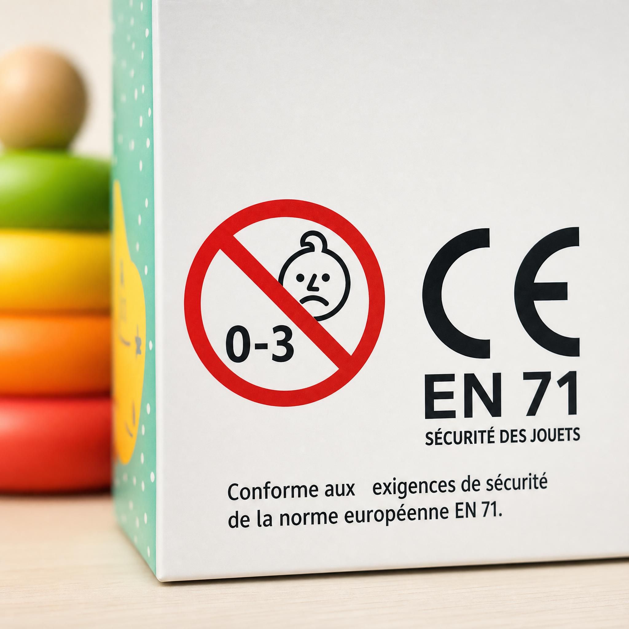 Gros plan sur le pictogramme 0-3 barré et le marquage CE sur un emballage de jouet bébé sécurité EN 71