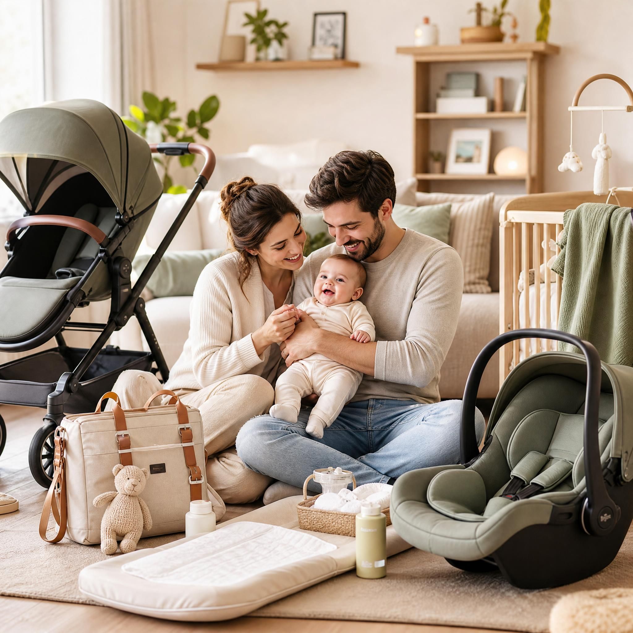 famille heureuse avec bébé dans les bras, entourée d'accessoires de puériculture de qualité dans un intérieur chaleureux