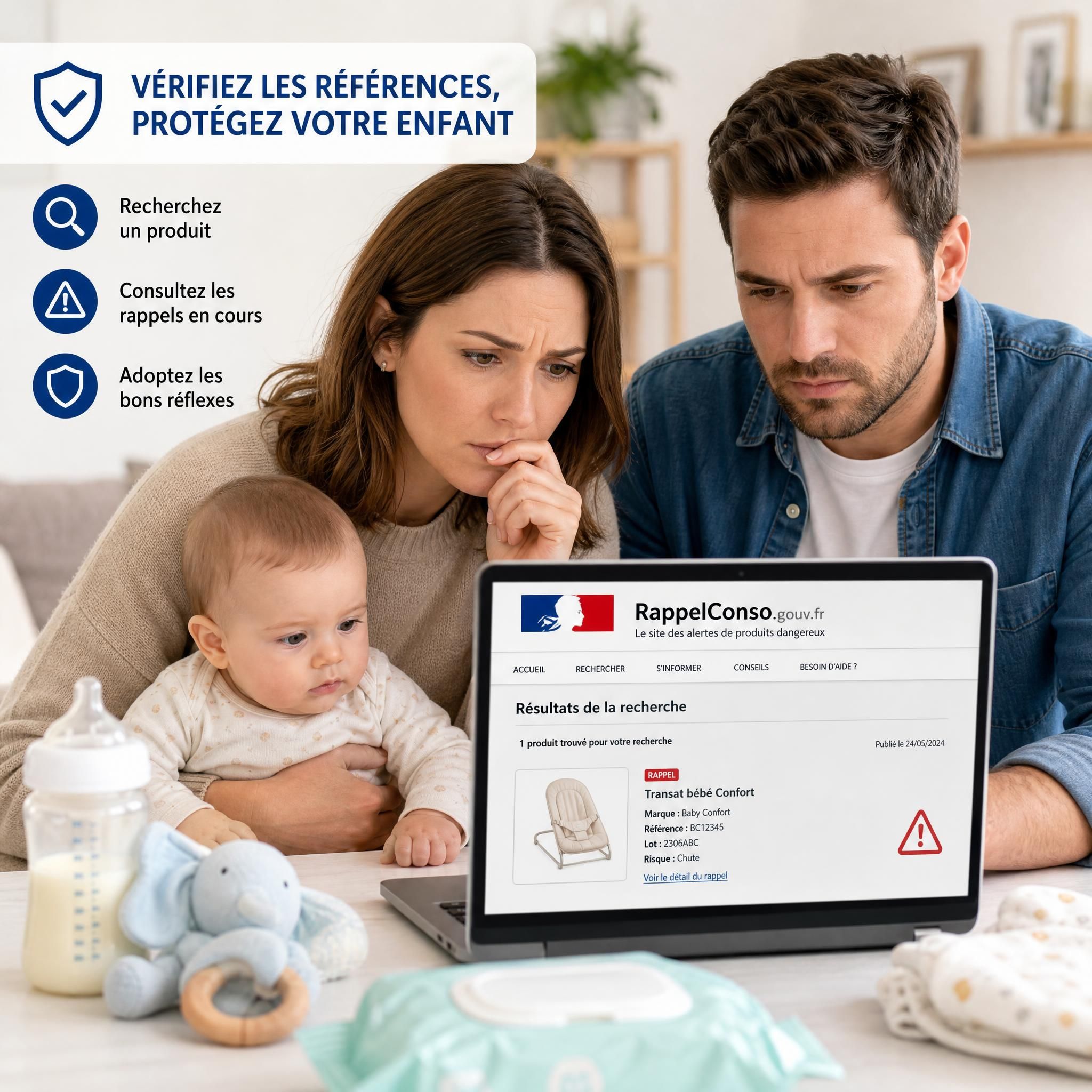 Parents inquiets vérifiant les références de produits bébé rappelés sur RappelConso.gouv.fr
